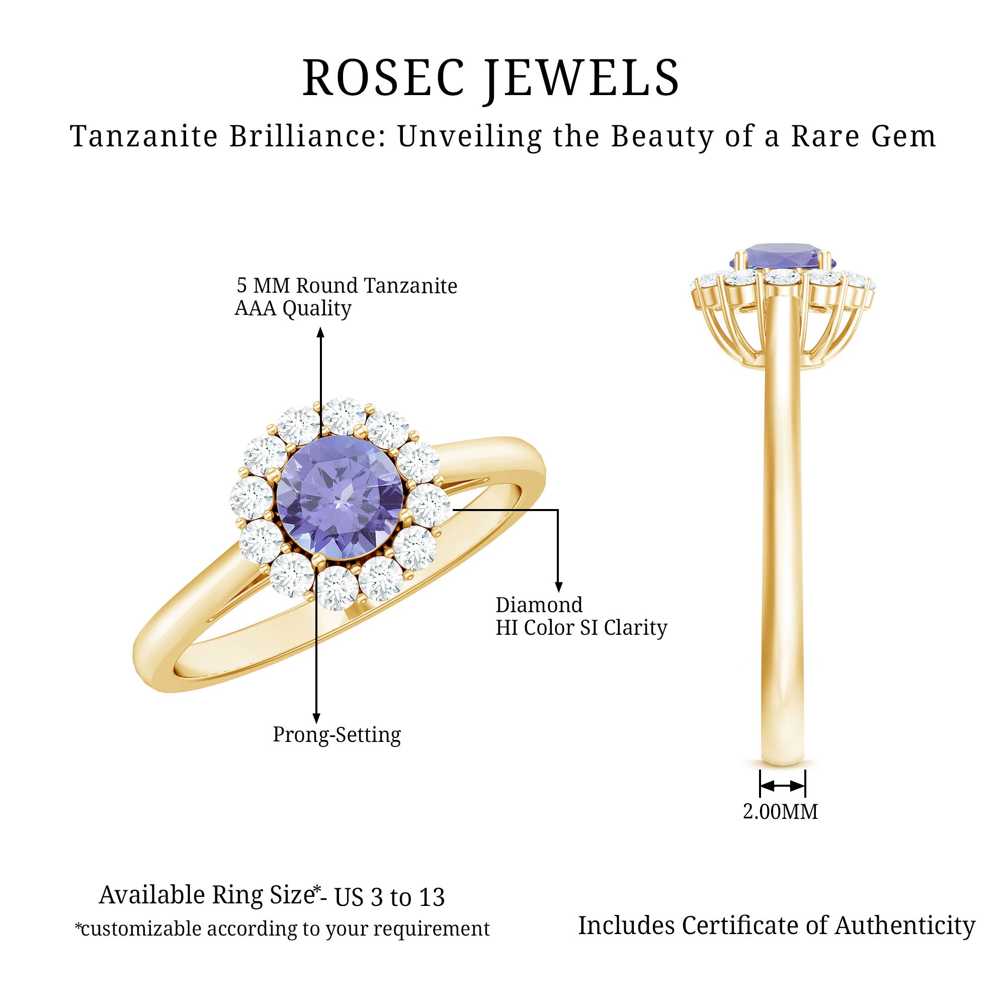 Rosec Jewels-Genuine Tanzanite Classic Engagement Ring with Diamond Halo