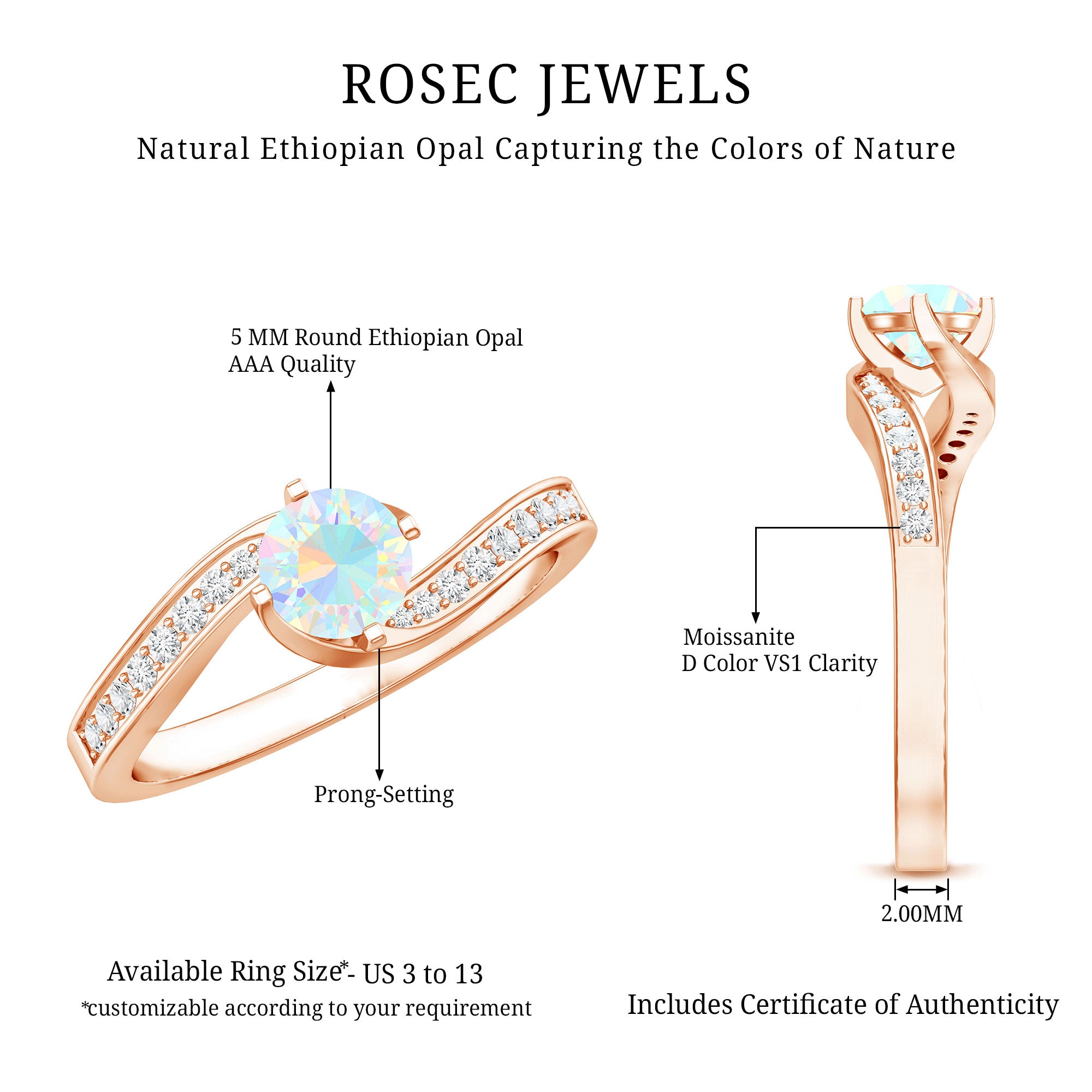Natural Certified Ethiopian Opal Solitaire Promise Ring with Bypass Shank AAA - Rosec Jewels