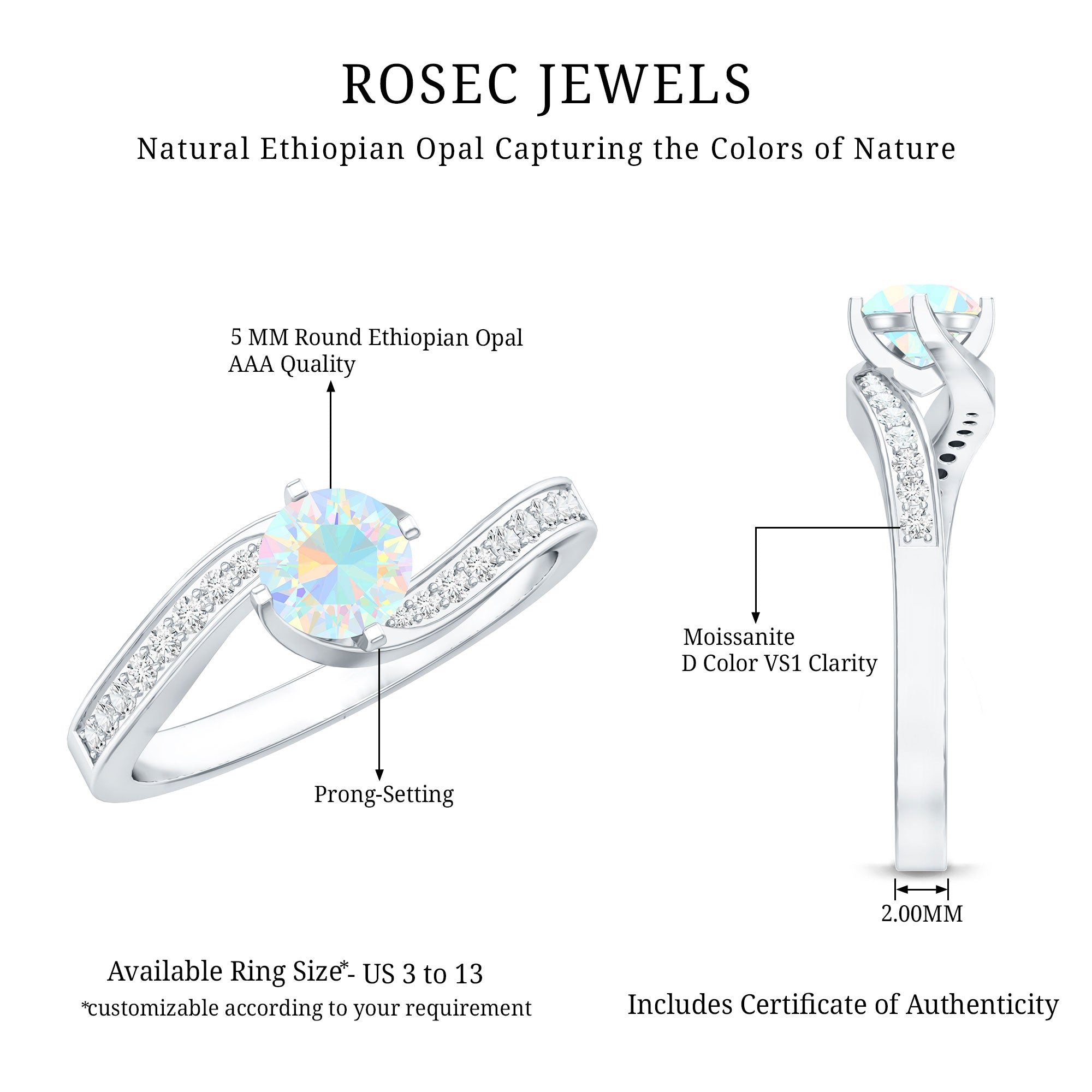 Natural Certified Ethiopian Opal Solitaire Promise Ring with Bypass Shank AAA - Rosec Jewels