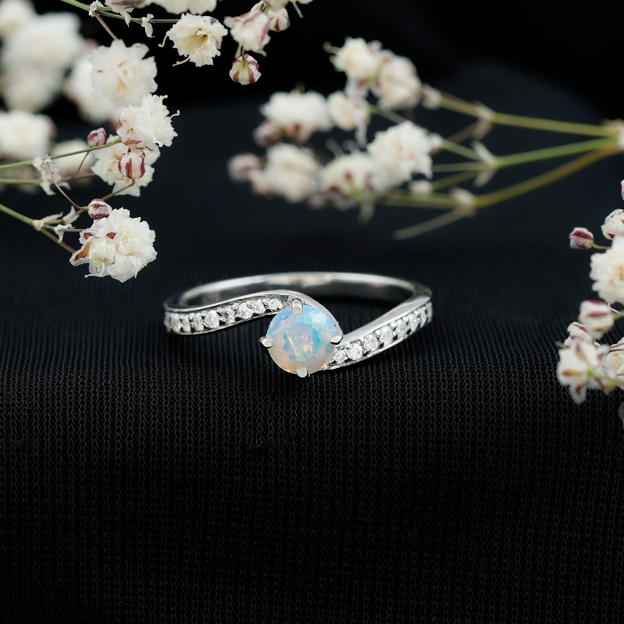 Natural Certified Ethiopian Opal Solitaire Promise Ring with Bypass Shank AAA - Rosec Jewels