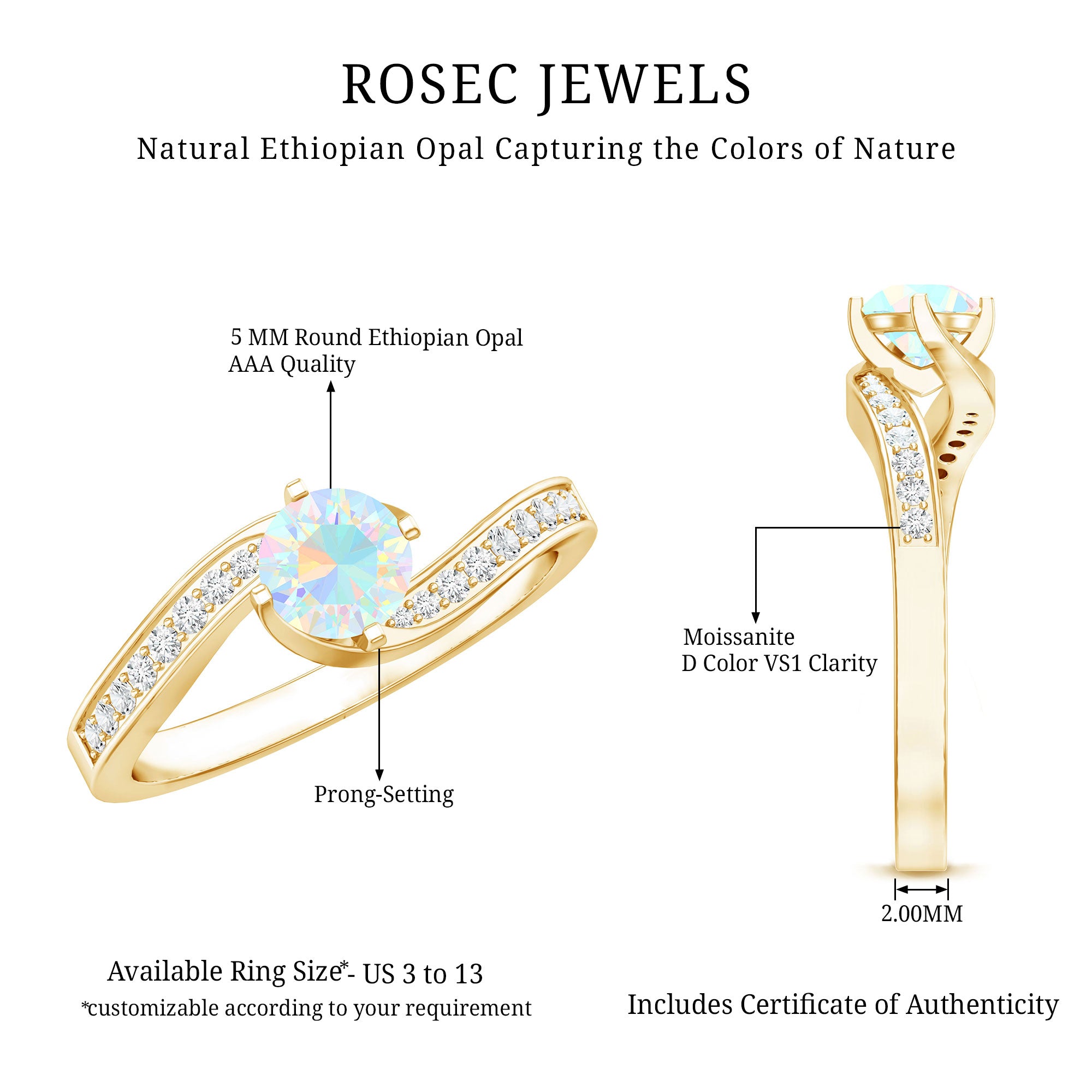 Natural Certified Ethiopian Opal Solitaire Promise Ring with Bypass Shank AAA - Rosec Jewels