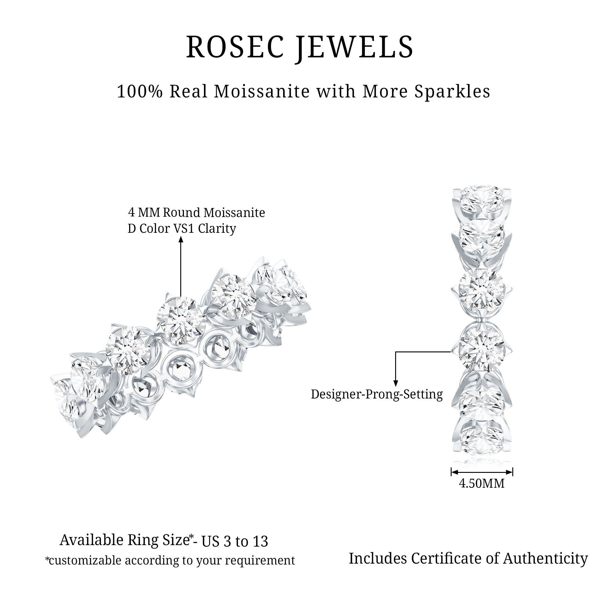 Designer Moissanite Anniversary Band Ring D-VS1 - Rosec Jewels