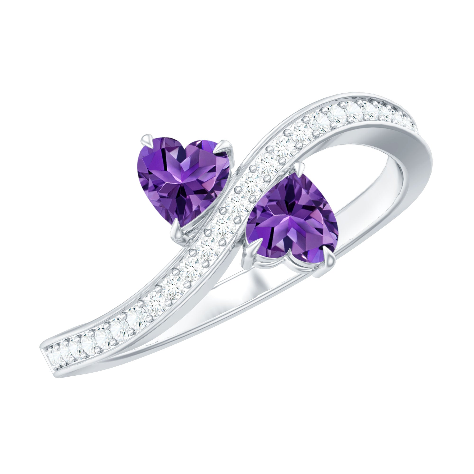 Natural Heart Shape Amethyst Toi Et Moi Engagement Ring with Diamond AAA - Rosec Jewels