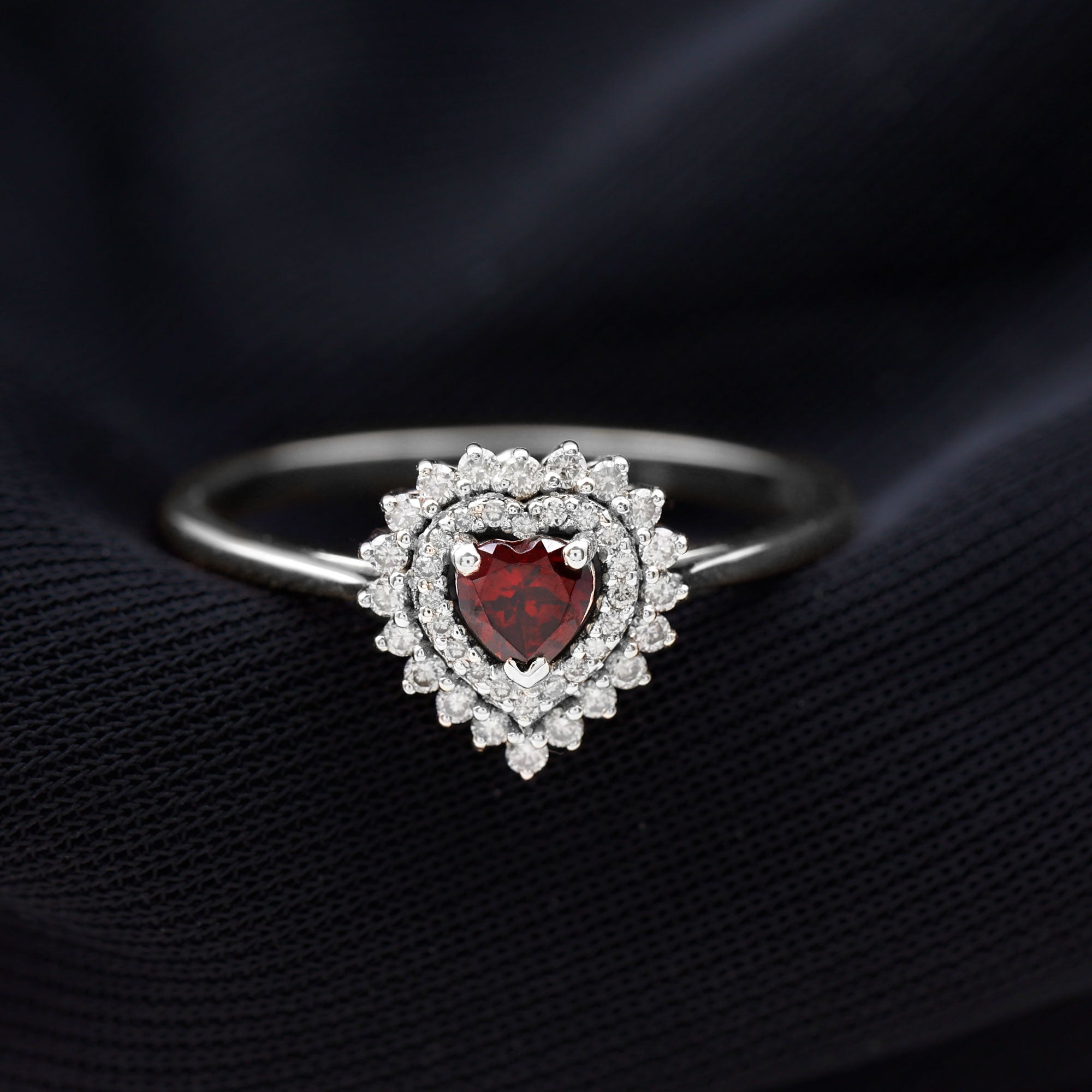 Rosec Jewels-Real Garnet Heart Shaped Engagement Ring with Diamond Double Halo