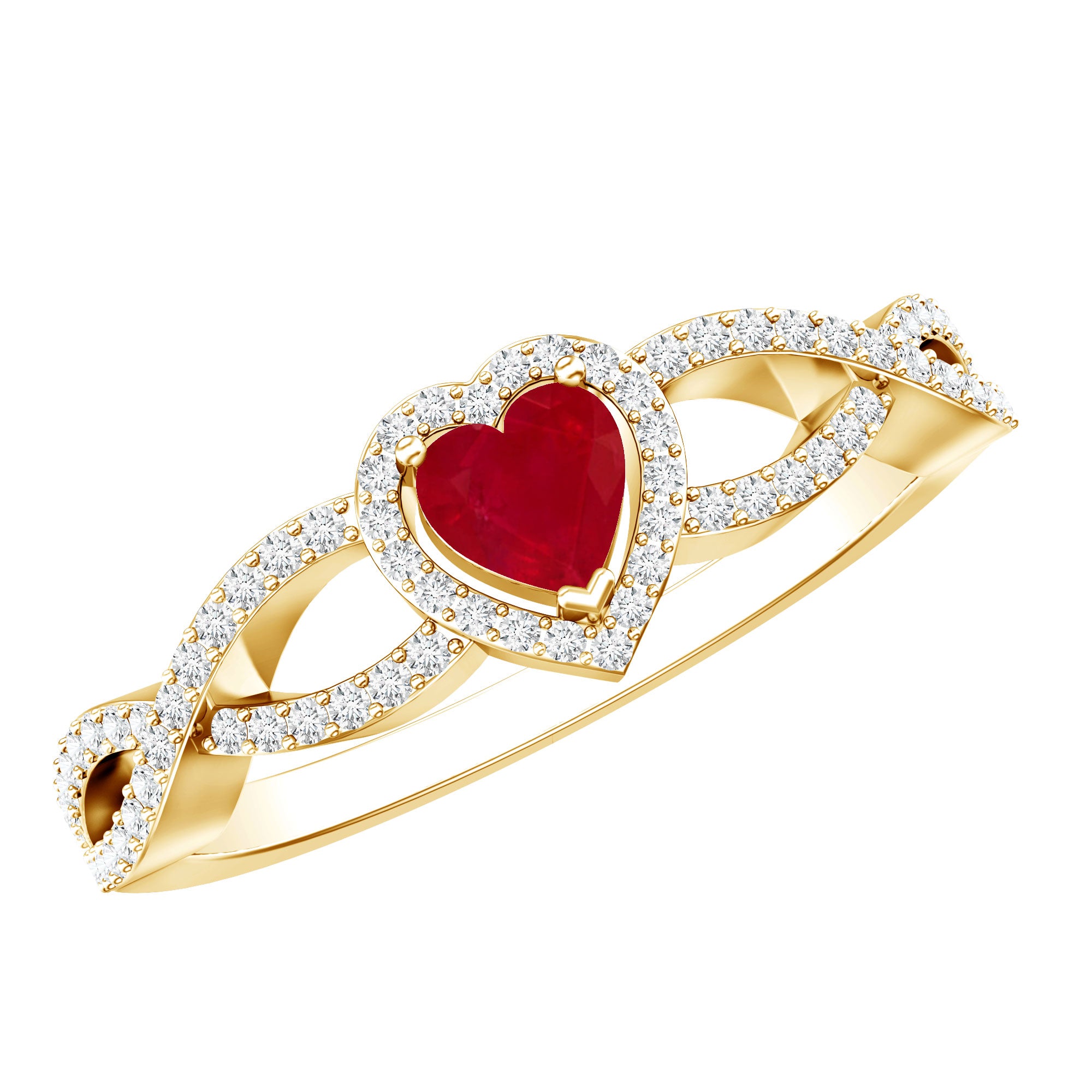 Natural Ruby Heart Promise Ring with Diamond Crossover Shank AAA - Rosec Jewels
