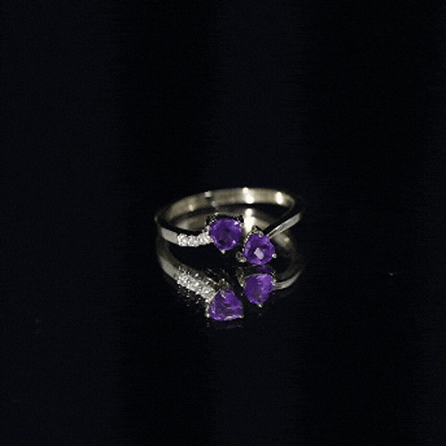 Natural Amethyst 2 Stone Heart Promise Ring with Diamond AAA - Rosec Jewels