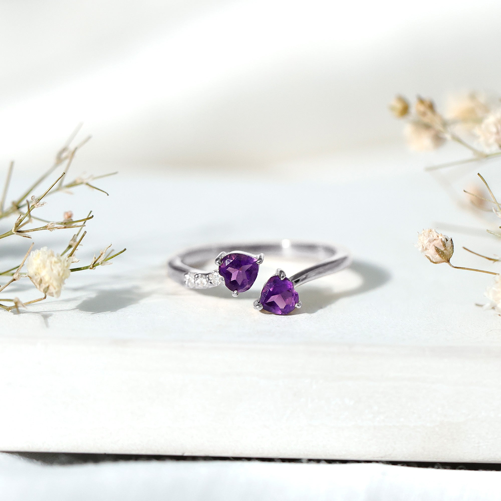 Natural Amethyst 2 Stone Heart Promise Ring with Diamond AAA - Rosec Jewels