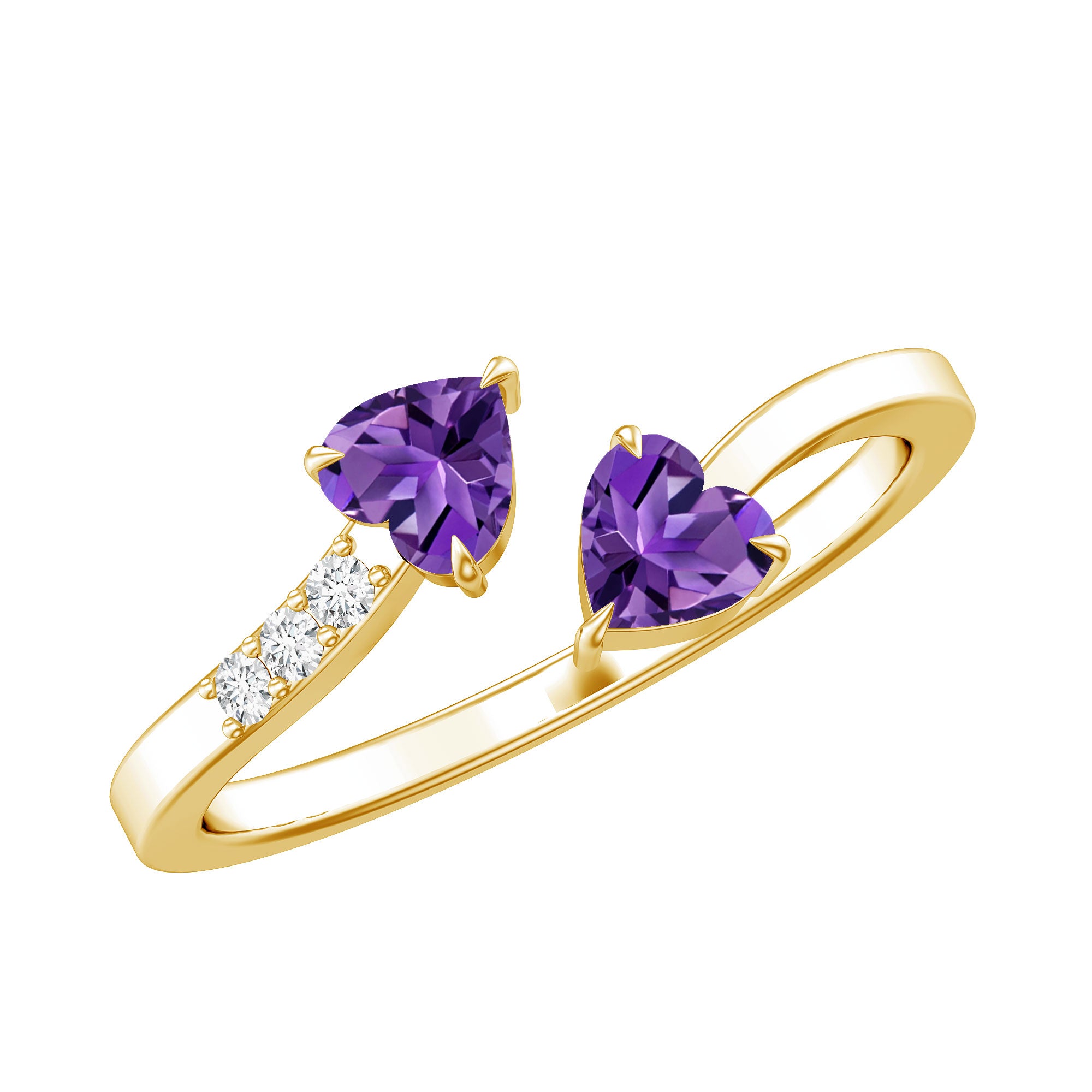Natural Amethyst 2 Stone Heart Promise Ring with Diamond AAA - Rosec Jewels
