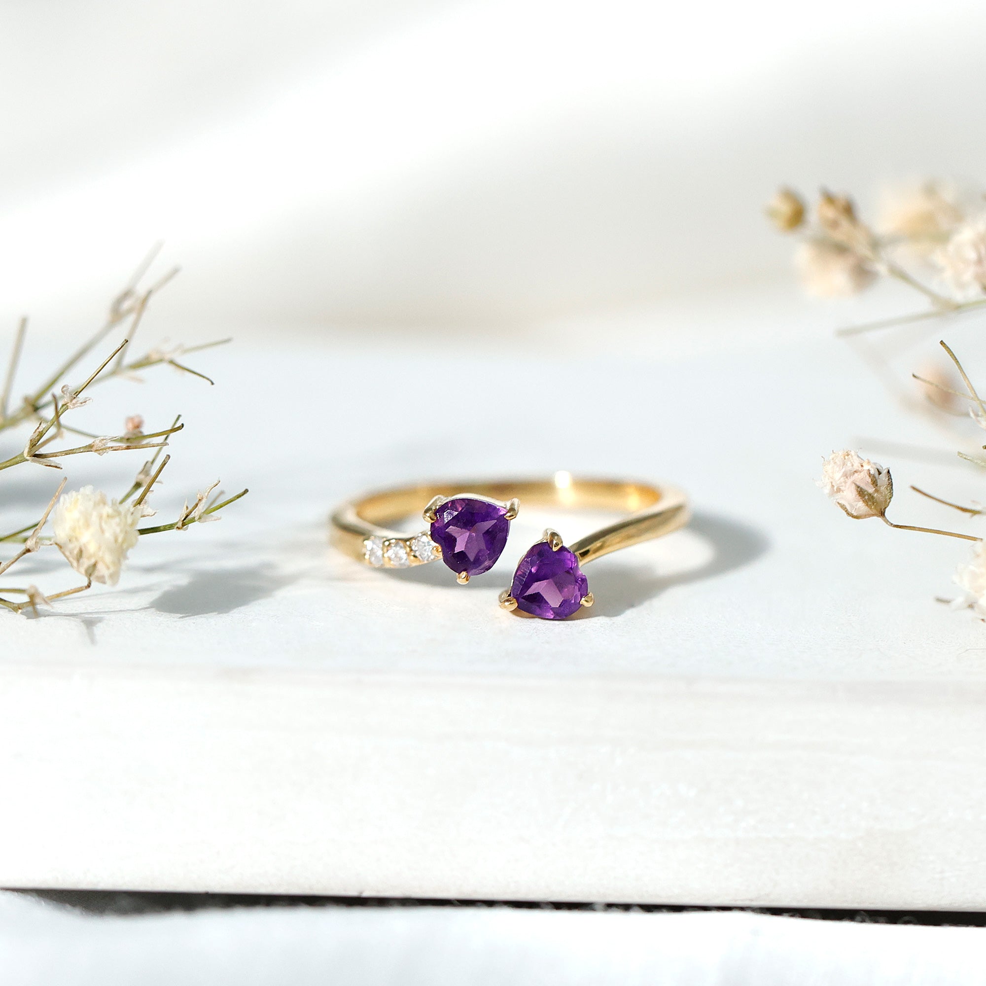 Natural Amethyst 2 Stone Heart Promise Ring with Diamond AAA - Rosec Jewels
