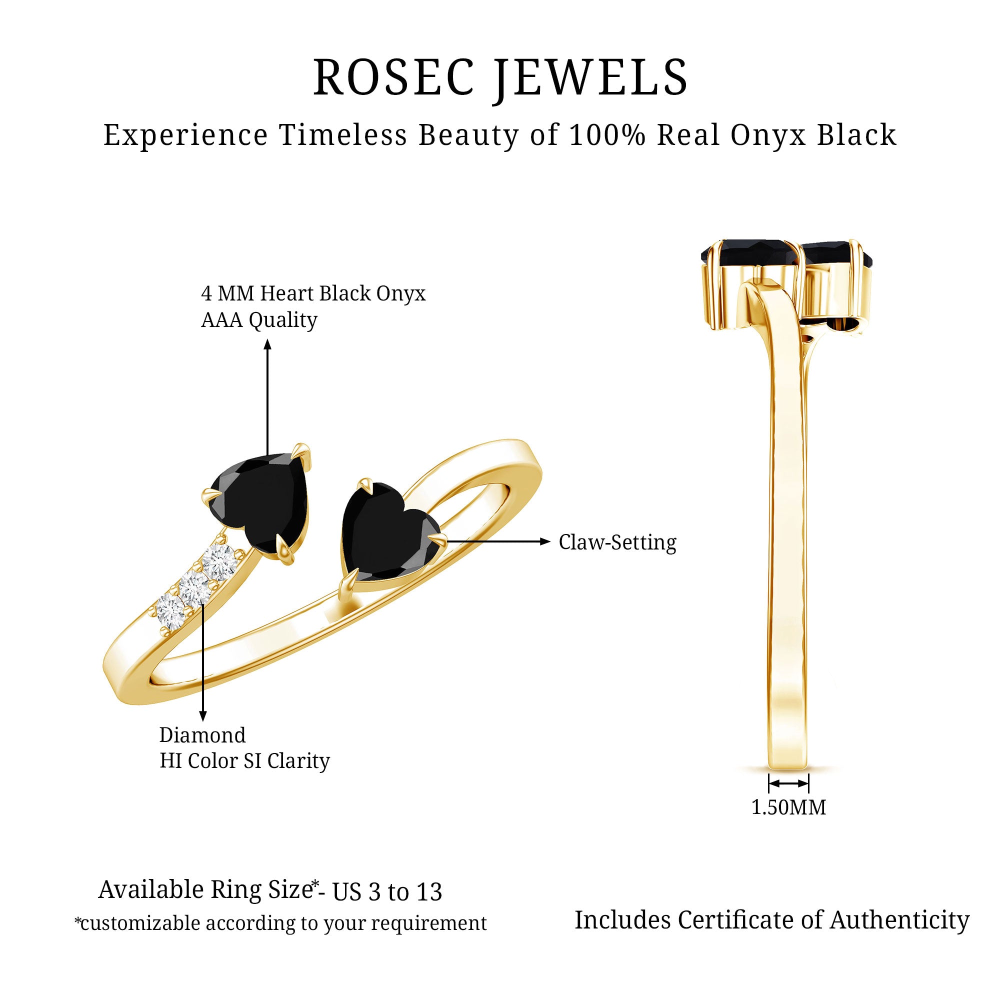 Heart Shape Black Onyx Two Stone Wrap Ring with Diamond AAA - Rosec Jewels