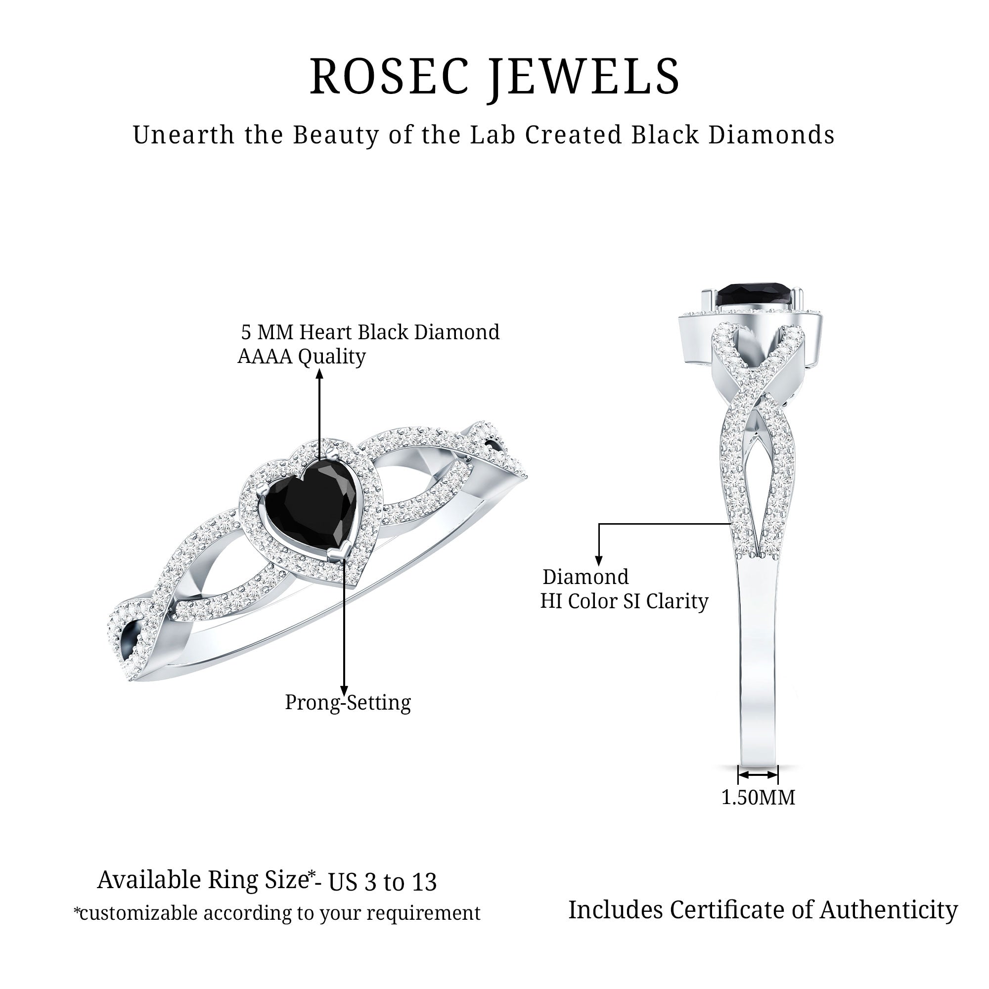 0.6 Carat Lab Grown Black and White Diamond Heart Engagement Ring with Crossover Shank AAAA ( Synthetic ) - Rosec Jewels