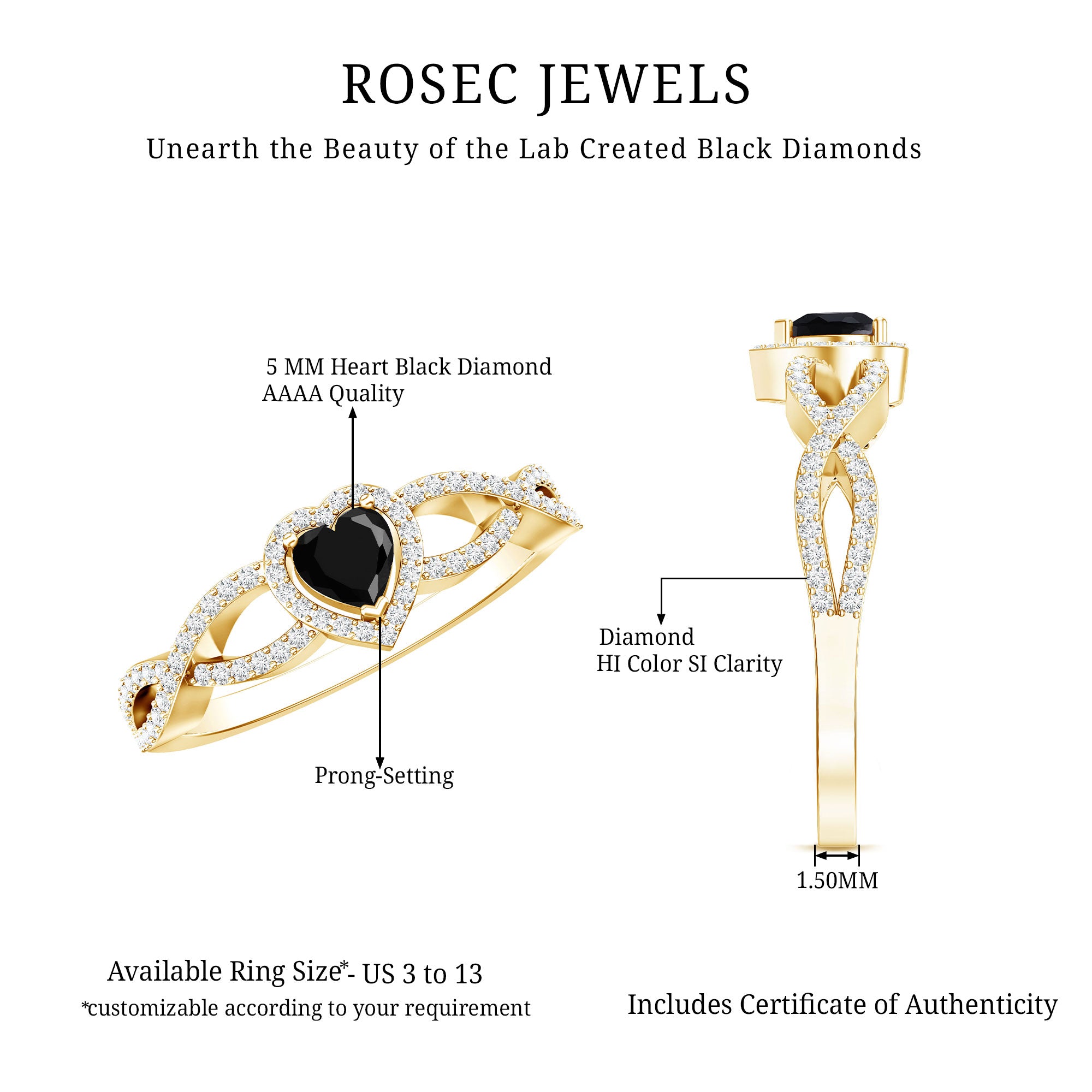 0.6 Carat Lab Grown Black and White Diamond Heart Engagement Ring with Crossover Shank AAAA ( Synthetic ) - Rosec Jewels