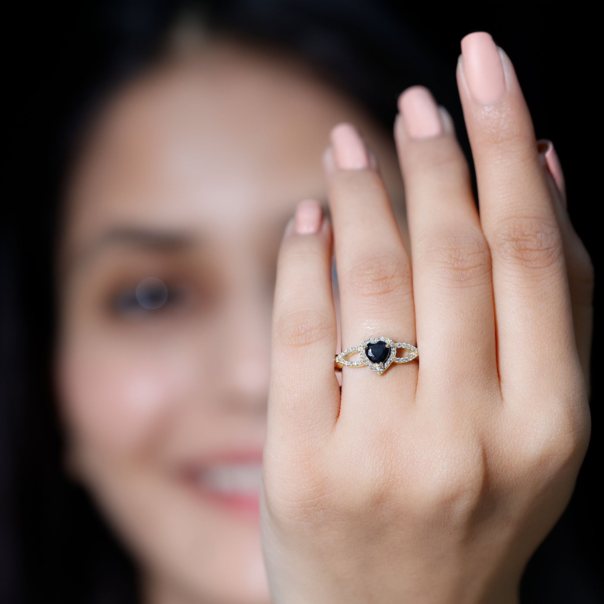 0.6 Carat Lab Grown Black and White Diamond Heart Engagement Ring with Crossover Shank AAAA ( Synthetic ) - Rosec Jewels