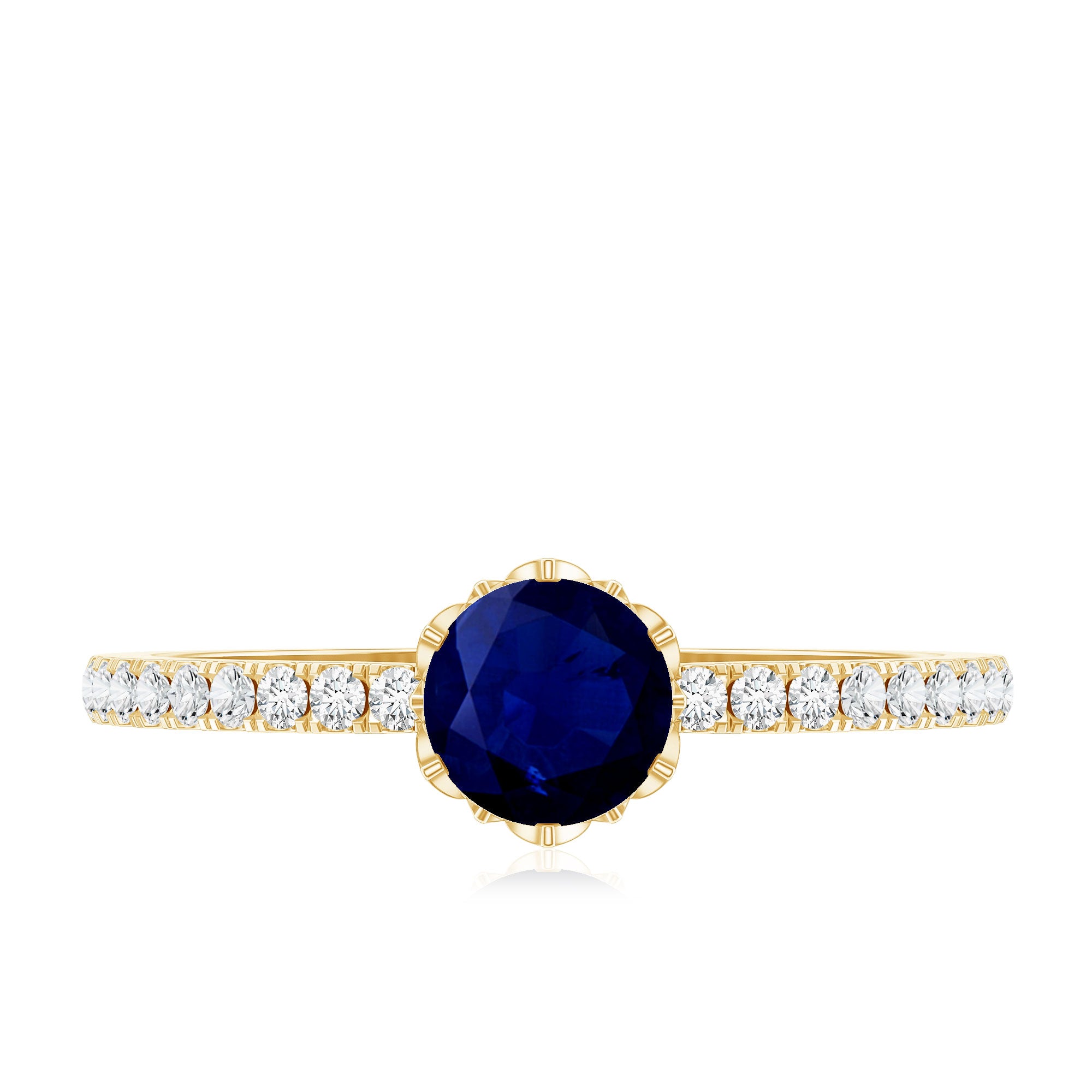 Rosec Jewels-Lotus Basket Set 0.9 Carat Blue Sapphire Solitaire Promise Ring with Diamond