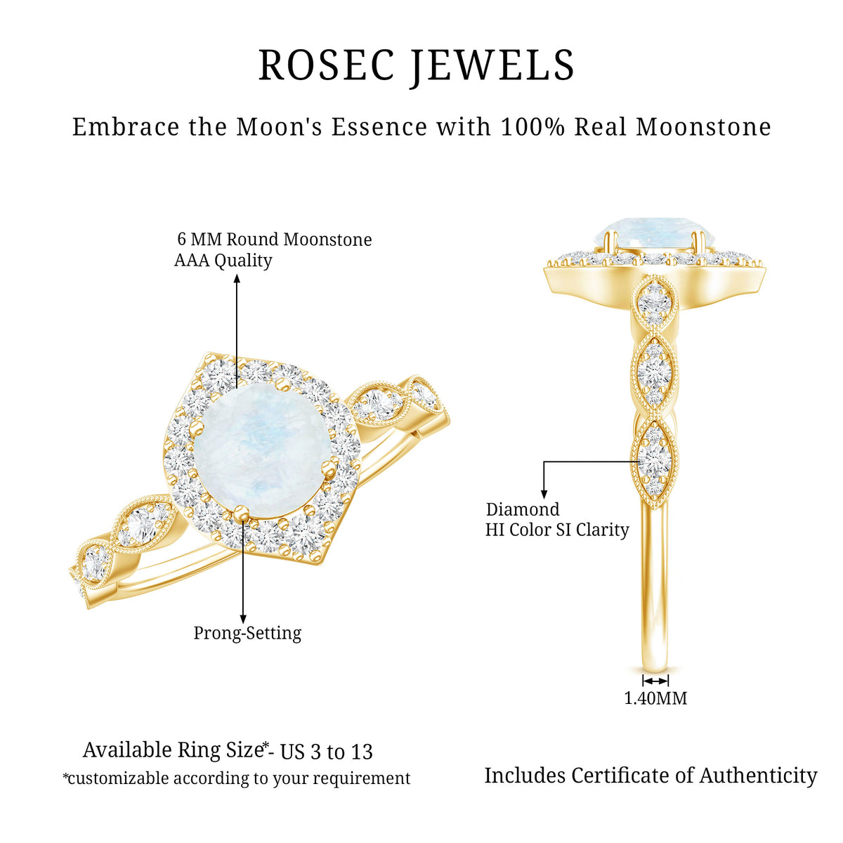 Vintage Style Moonstone Engagement Ring with Diamond Accent AAA - Rosec Jewels