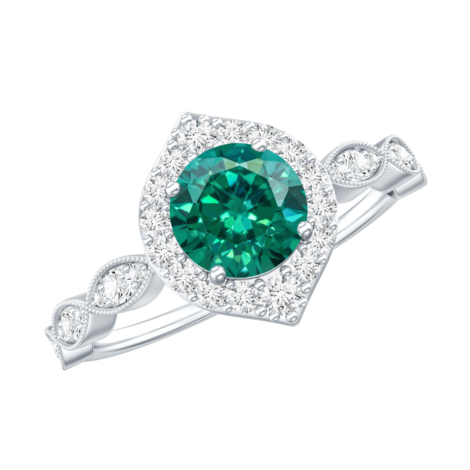Lab Created Emerald Vintage Style Engagement Ring With Diamonds AAAA - Rosec Jewels