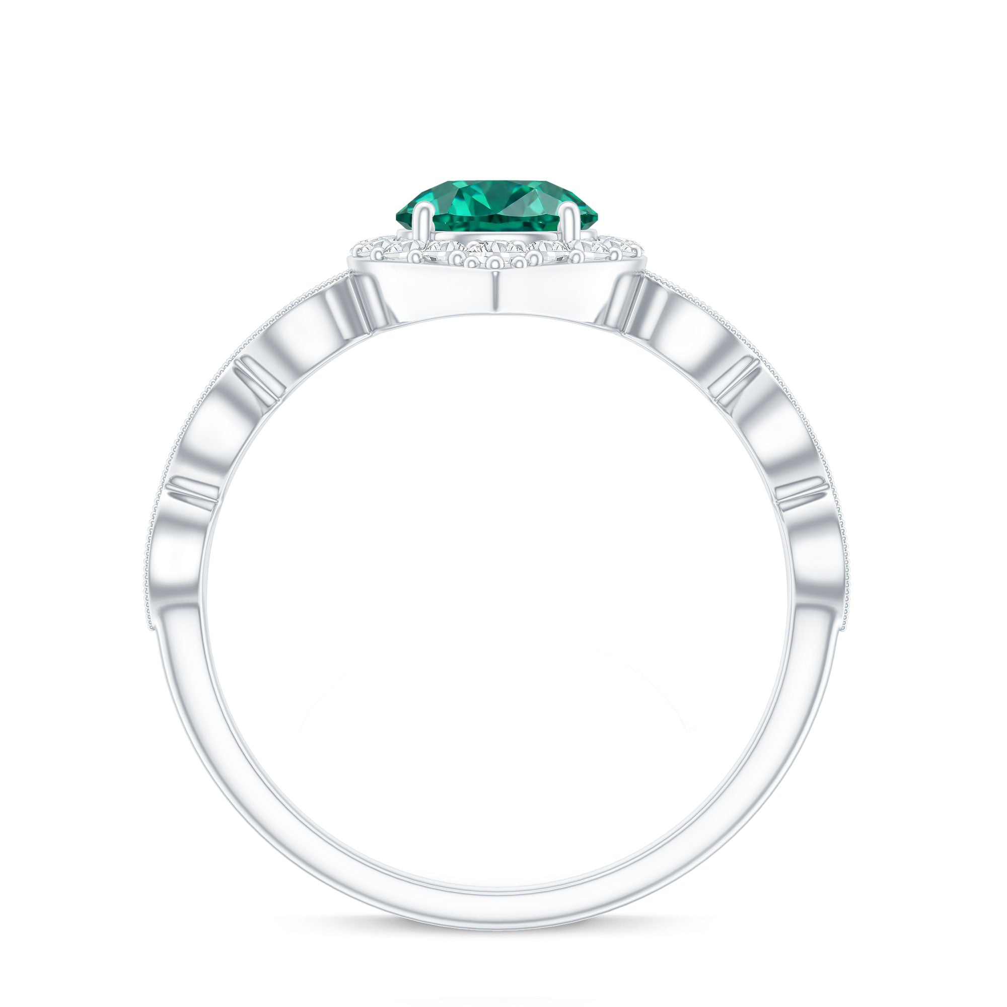 Lab Created Emerald Vintage Style Engagement Ring With Diamonds AAAA - Rosec Jewels