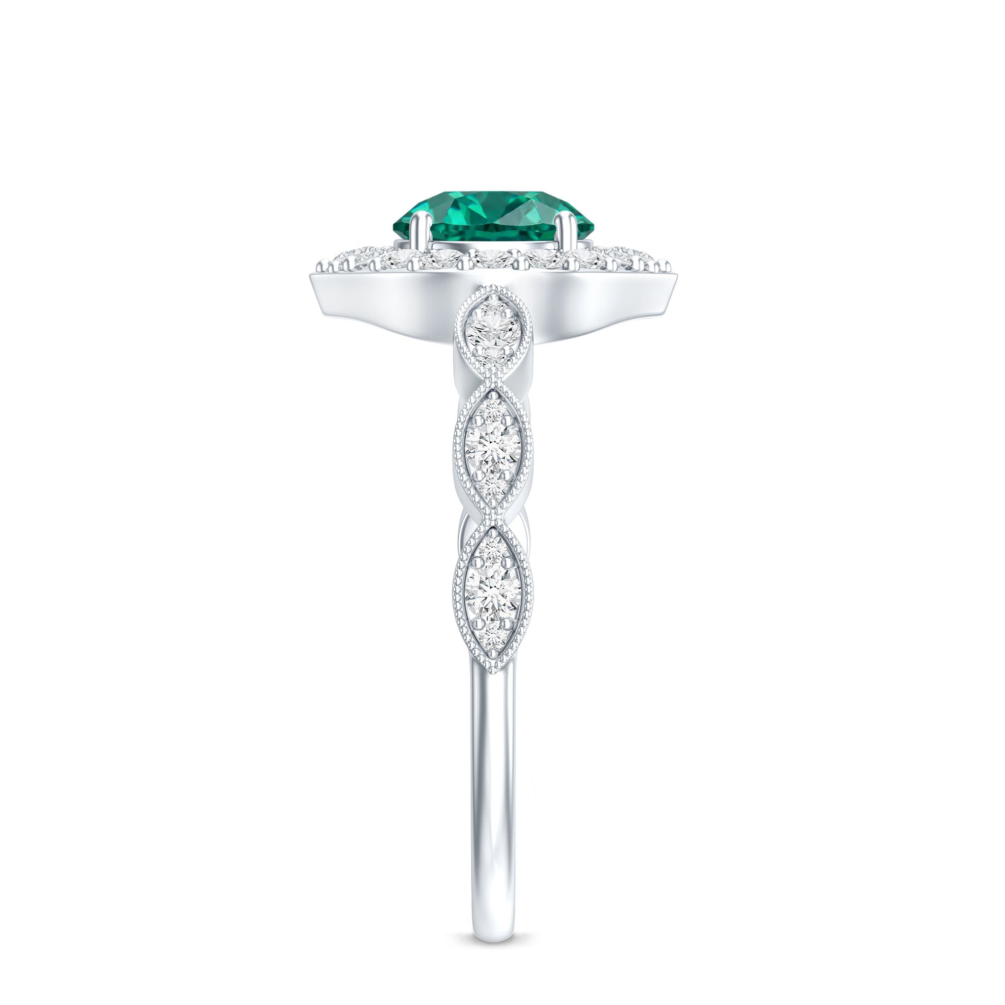 Lab Created Emerald Vintage Style Engagement Ring With Diamonds AAAA - Rosec Jewels