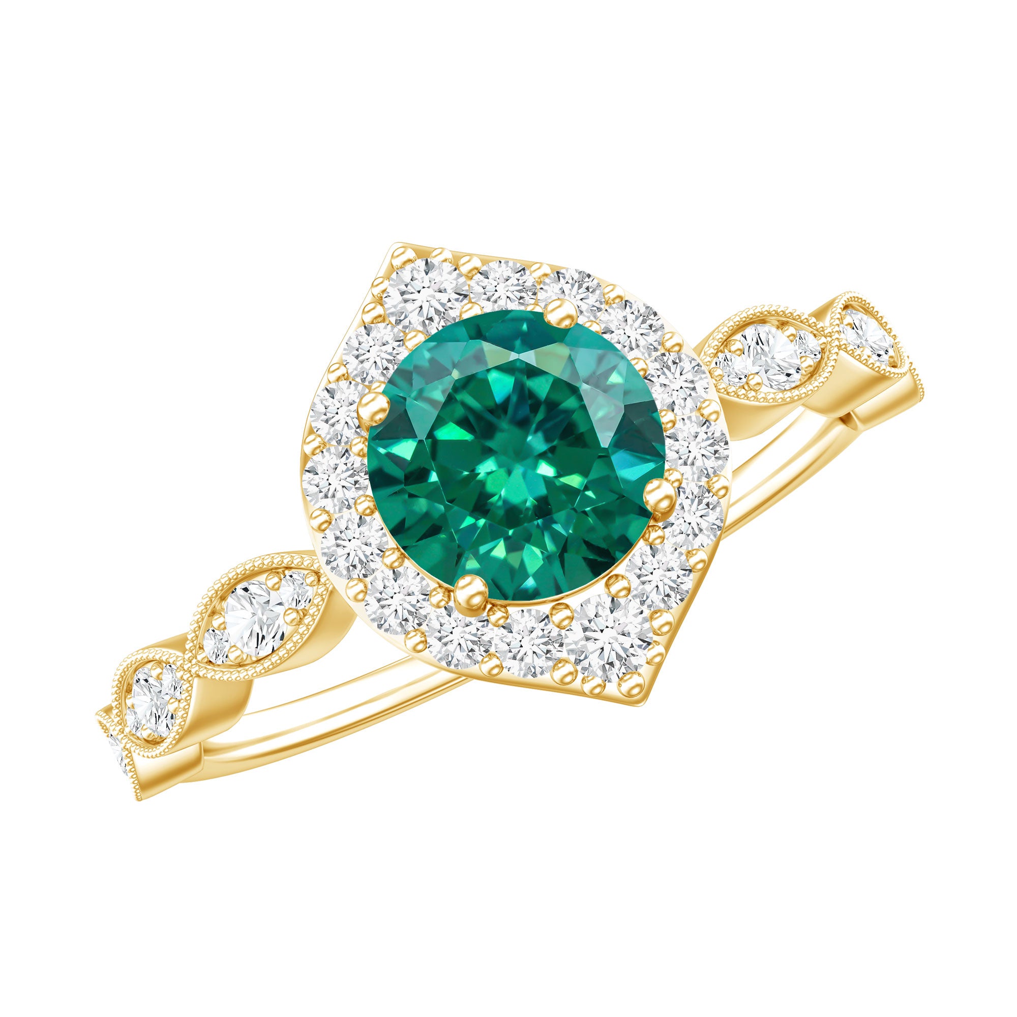 Lab Created Emerald Vintage Style Engagement Ring With Diamonds AAAA - Rosec Jewels