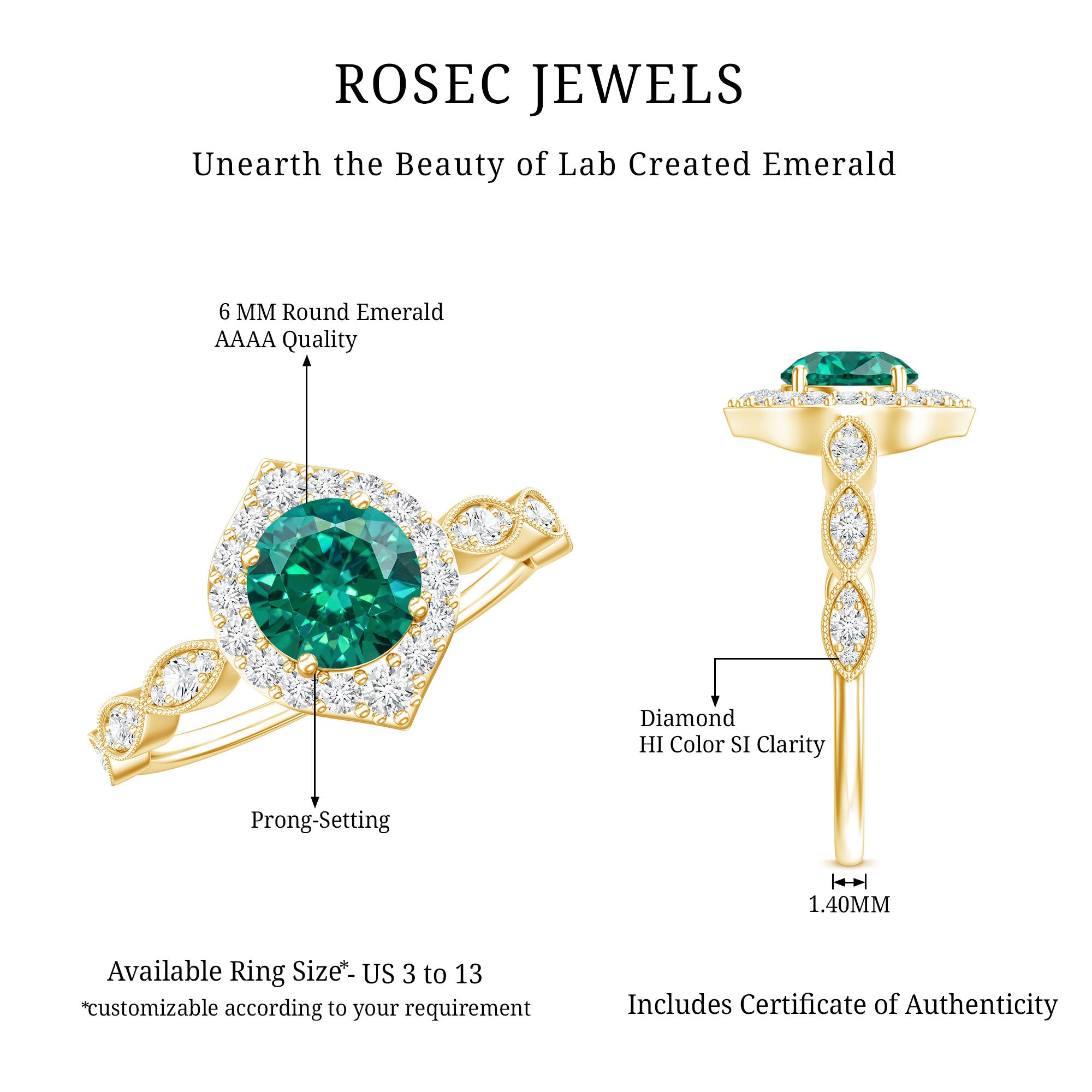 Lab Created Emerald Vintage Style Engagement Ring With Diamonds AAAA - Rosec Jewels