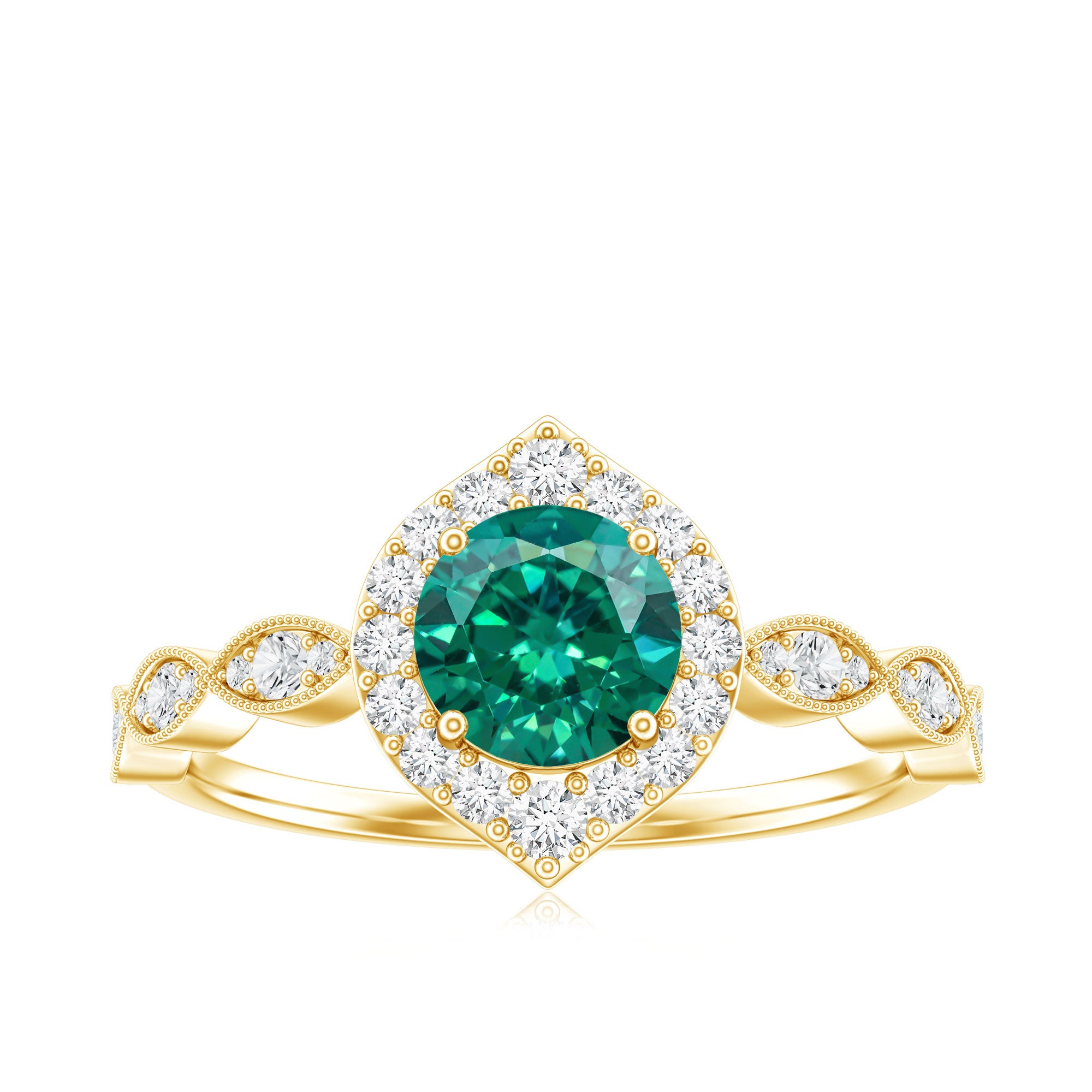 Lab Created Emerald Vintage Style Engagement Ring With Diamonds AAAA - Rosec Jewels