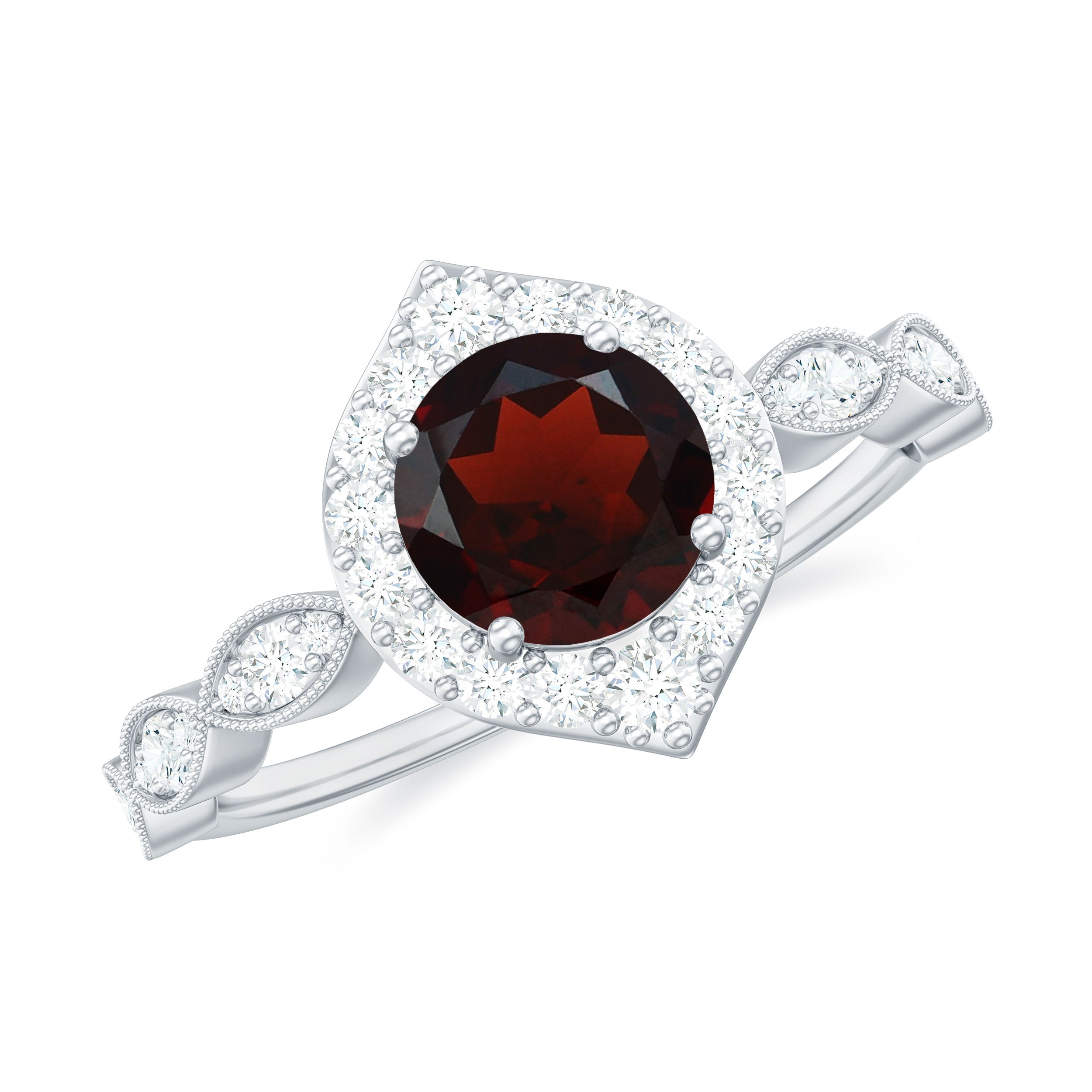 Vintage Looking Garnet Engagement Ring with Diamond Halo