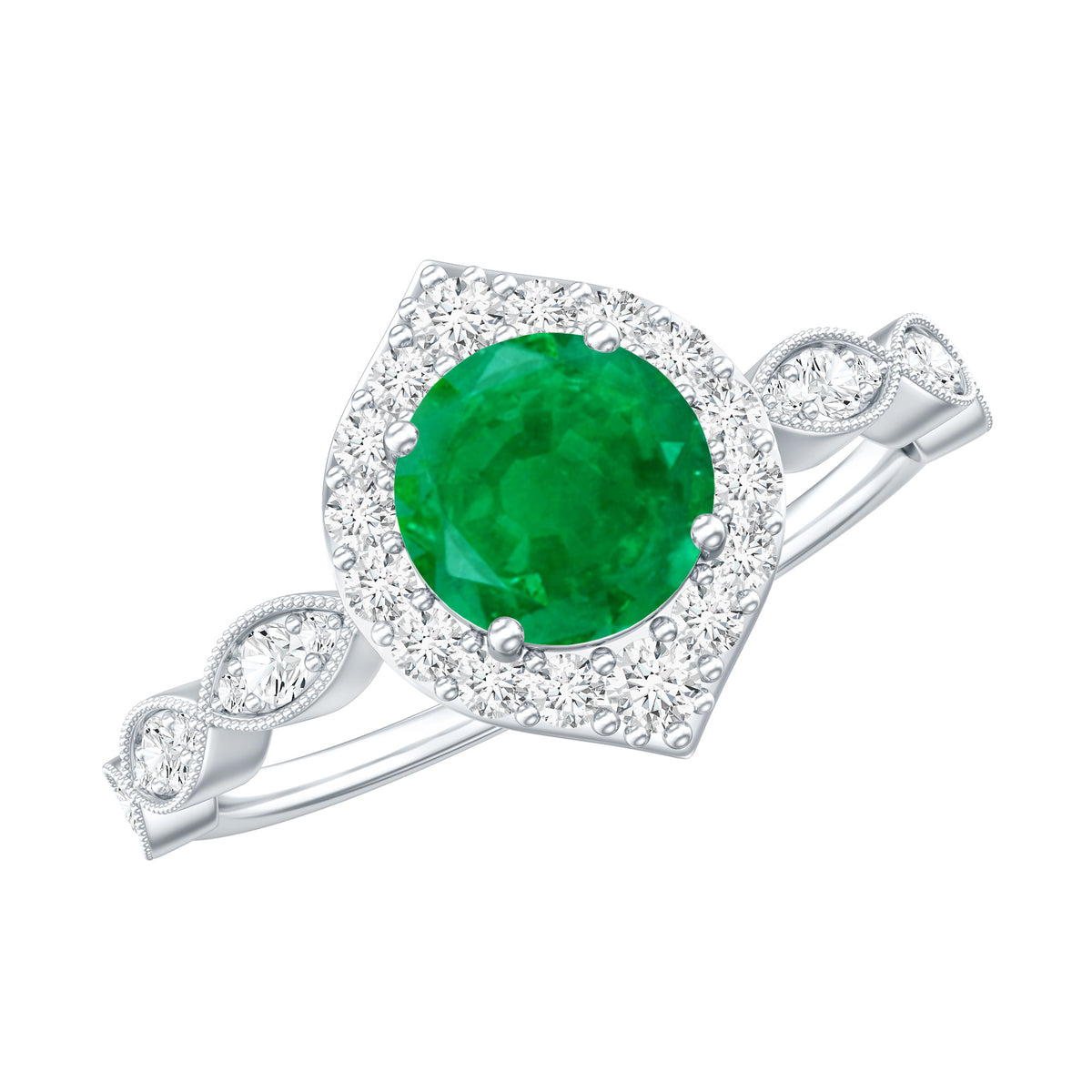 Natural Emerald Vintage Looking Engagement Ring with Diamond Halo AAA - Rosec Jewels