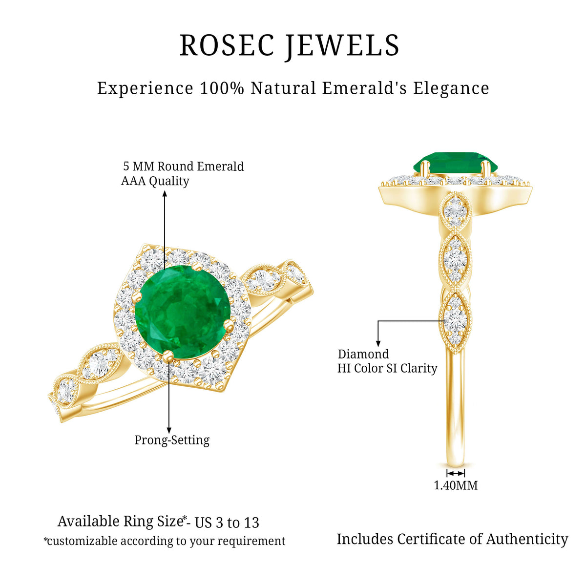 Natural Emerald Vintage Looking Engagement Ring with Diamond Halo AAA - Rosec Jewels