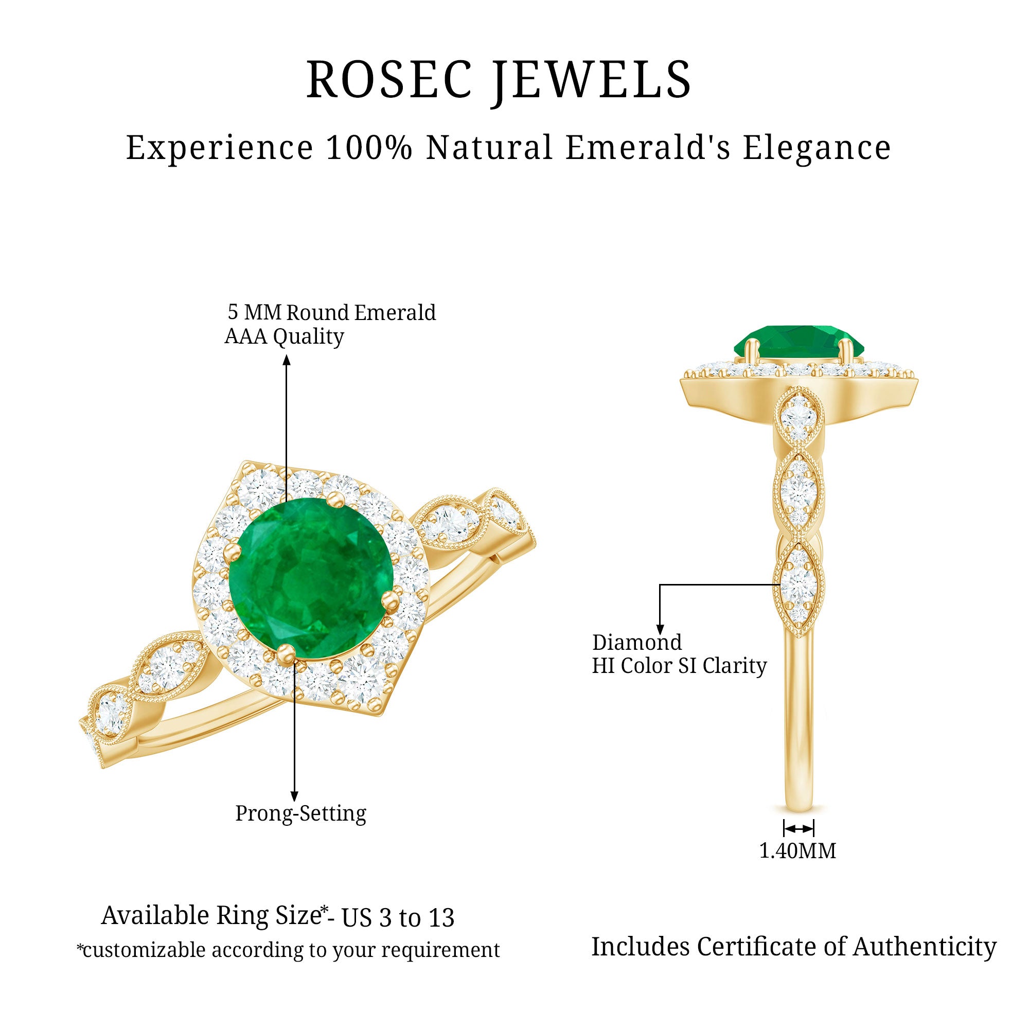 Natural Emerald Vintage Looking Engagement Ring with Diamond Halo AAA - Rosec Jewels