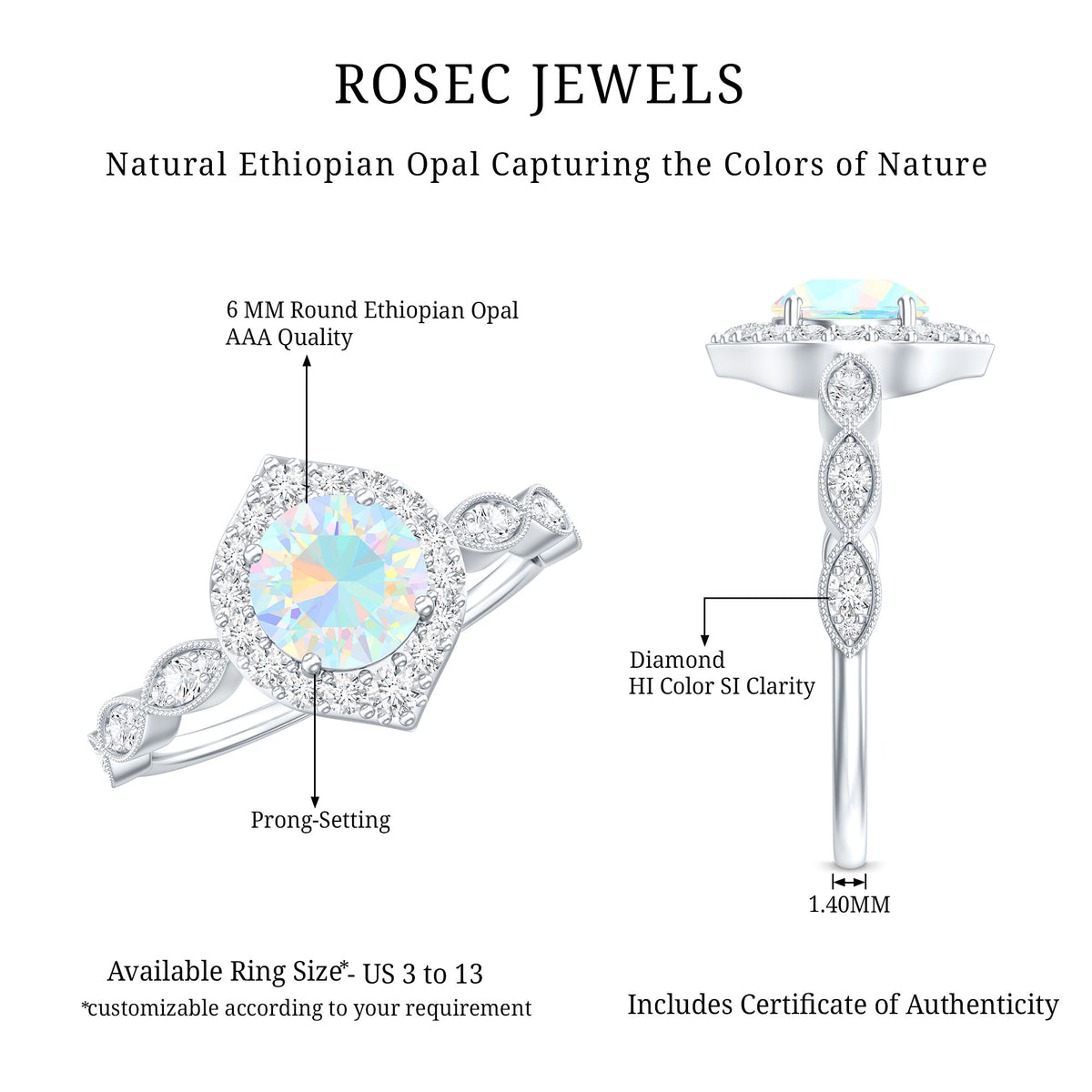 Vintage Looking Ethiopian Opal Engagement Ring with Real Diamond Halo AAA - Rosec Jewels