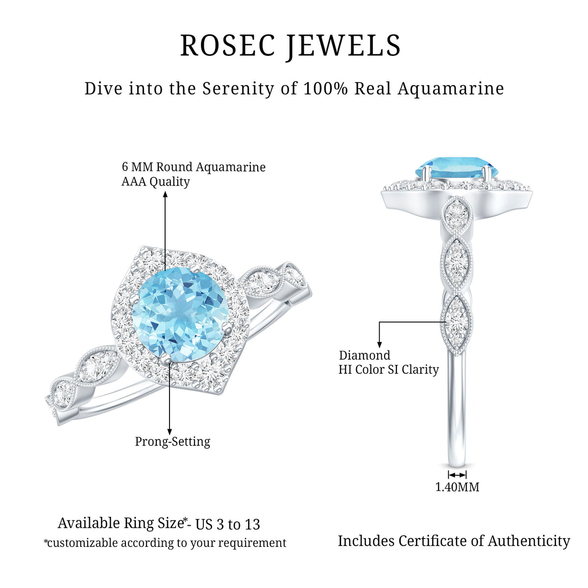 0.8 Carat Aquamarine and Diamond Designer Engagement Ring AAA - Rosec Jewels
