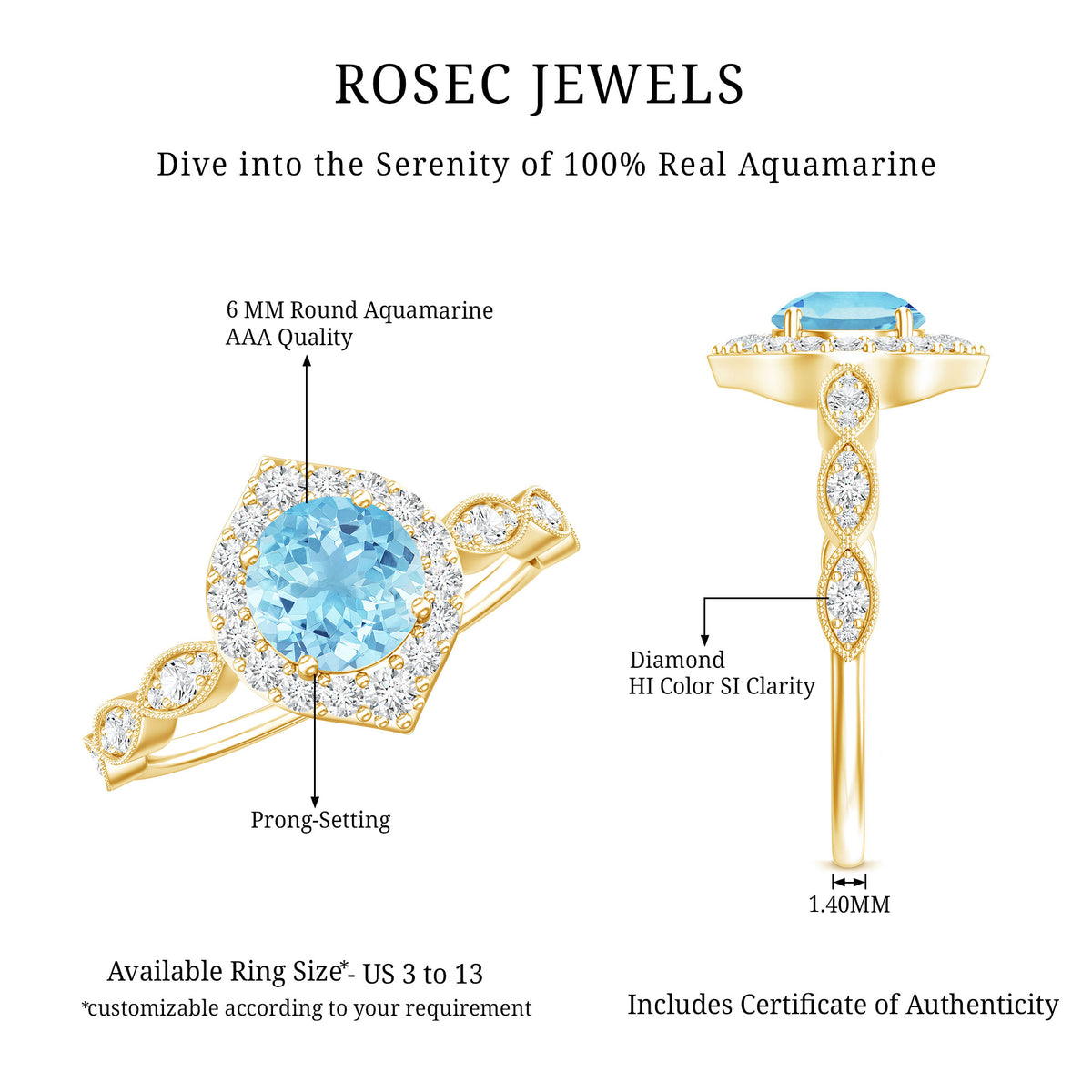 0.8 Carat Aquamarine and Diamond Designer Engagement Ring AAA - Rosec Jewels
