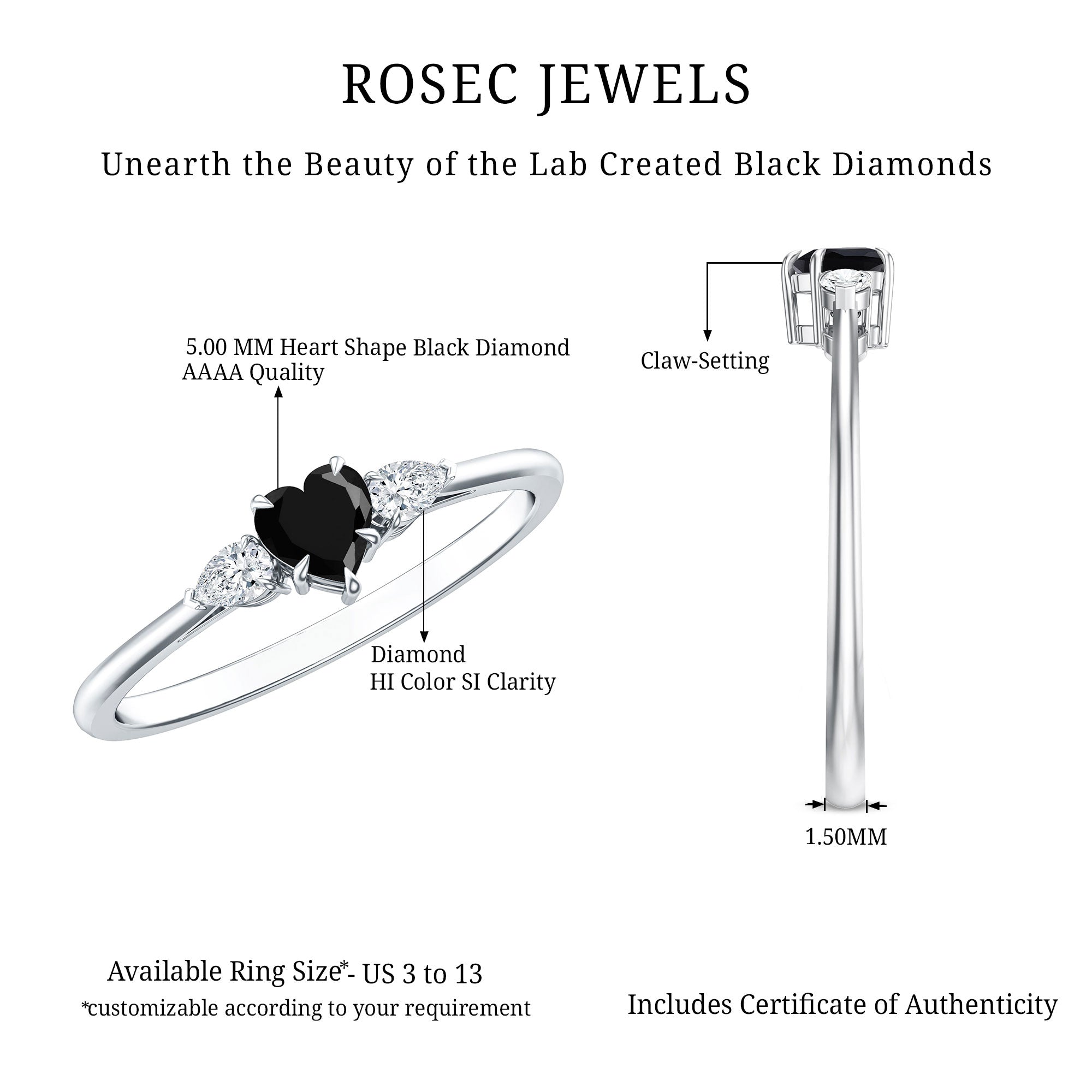 Certified Lab Grown Black Diamond Heart Promise Ring with White Diamond AAAA ( Synthetic ) - Rosec Jewels