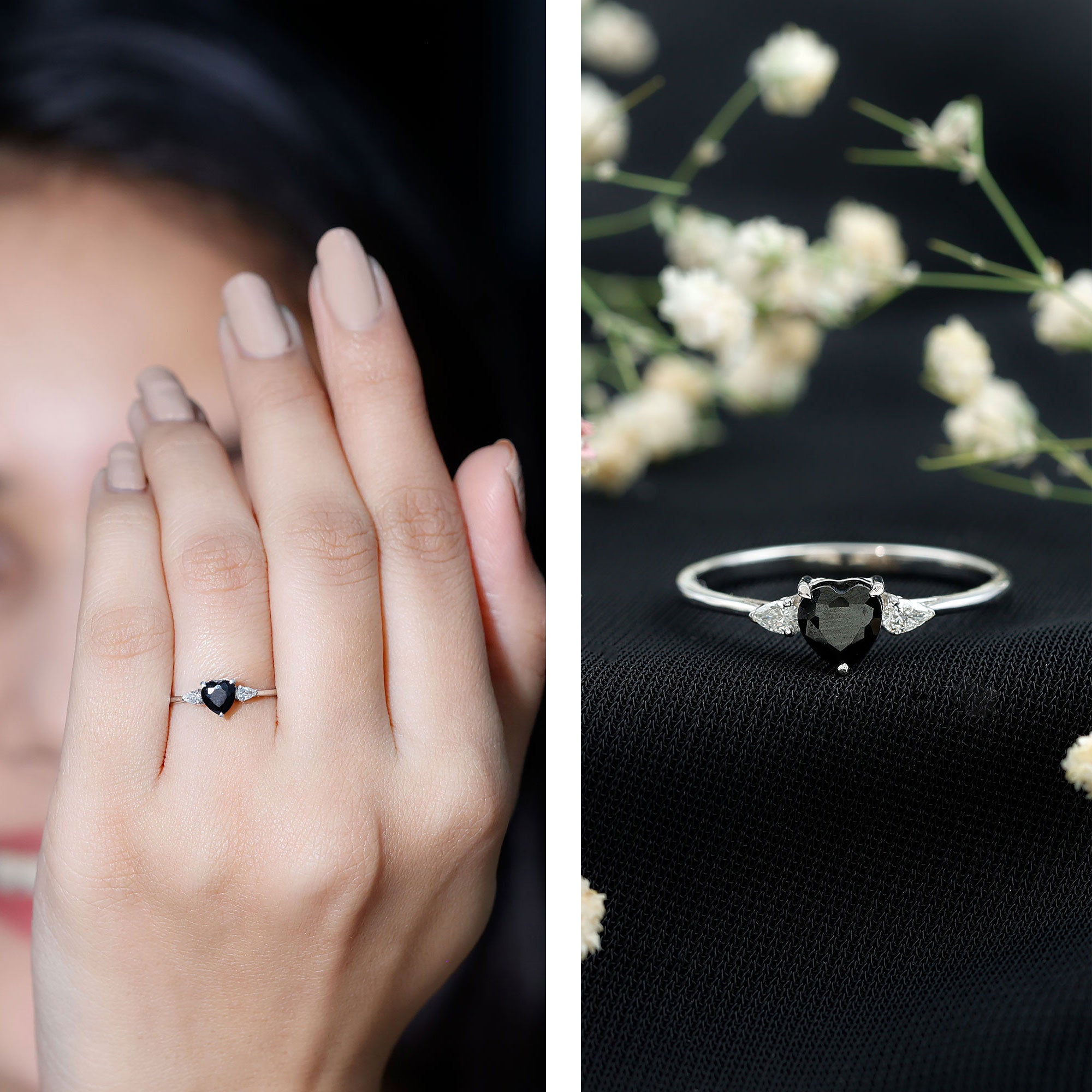 Certified Lab Grown Black Diamond Heart Promise Ring with White Diamond AAAA ( Synthetic ) - Rosec Jewels