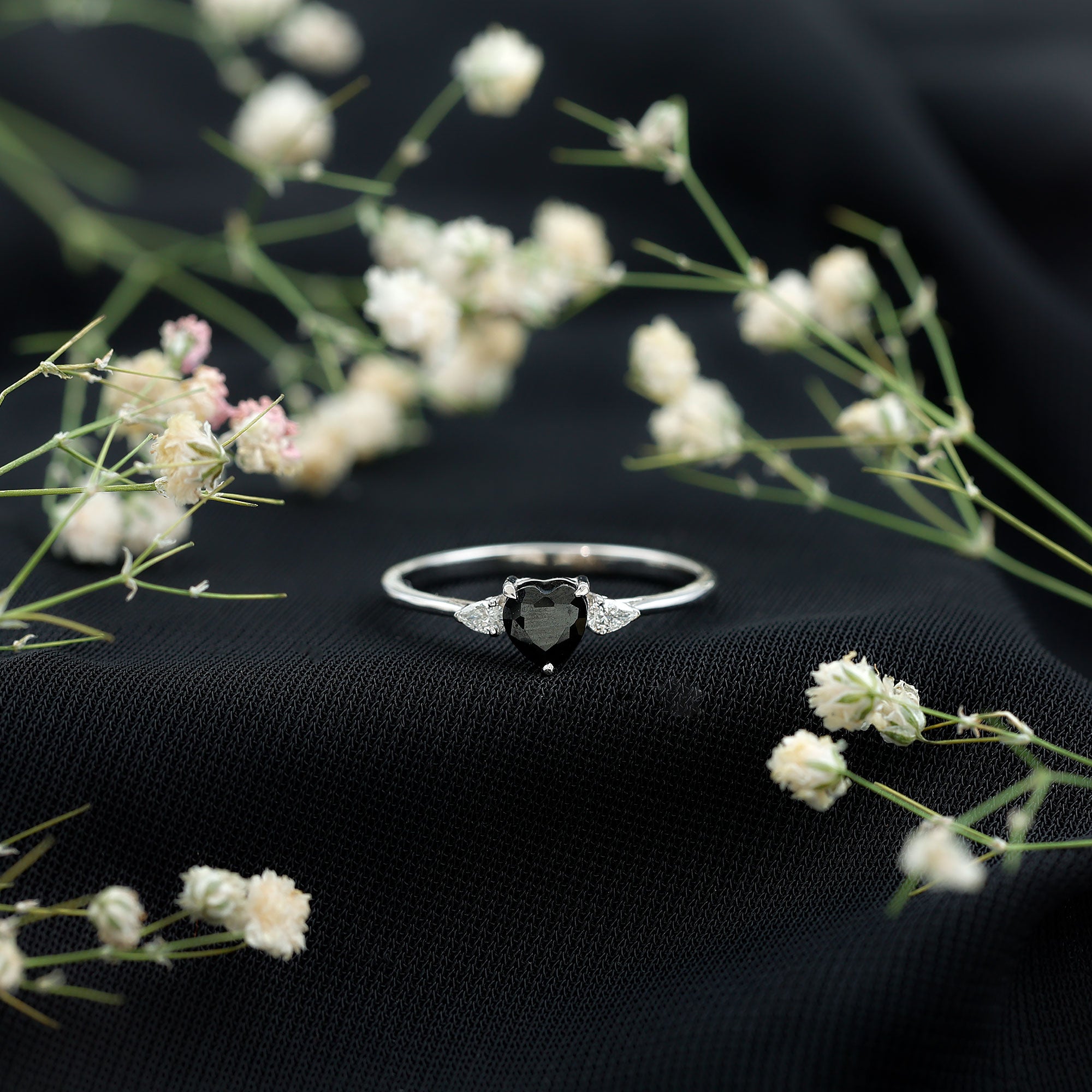 Certified Lab Grown Black Diamond Heart Promise Ring with White Diamond AAAA ( Synthetic ) - Rosec Jewels