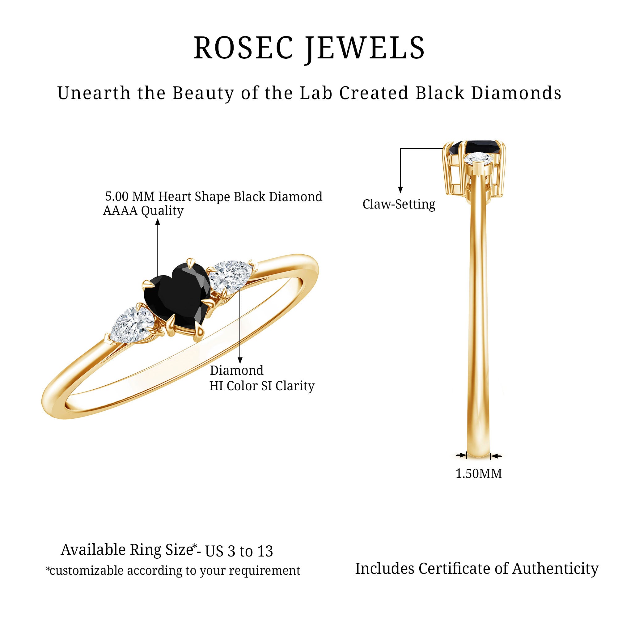 Certified Lab Grown Black Diamond Heart Promise Ring with White Diamond AAAA ( Synthetic ) - Rosec Jewels