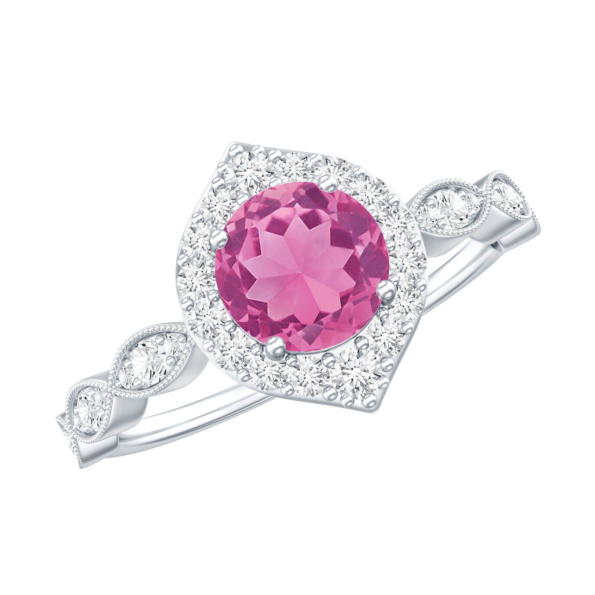 Genuine Pink Tourmaline Vintage Engagement Ring with Diamond AAA - Rosec Jewels