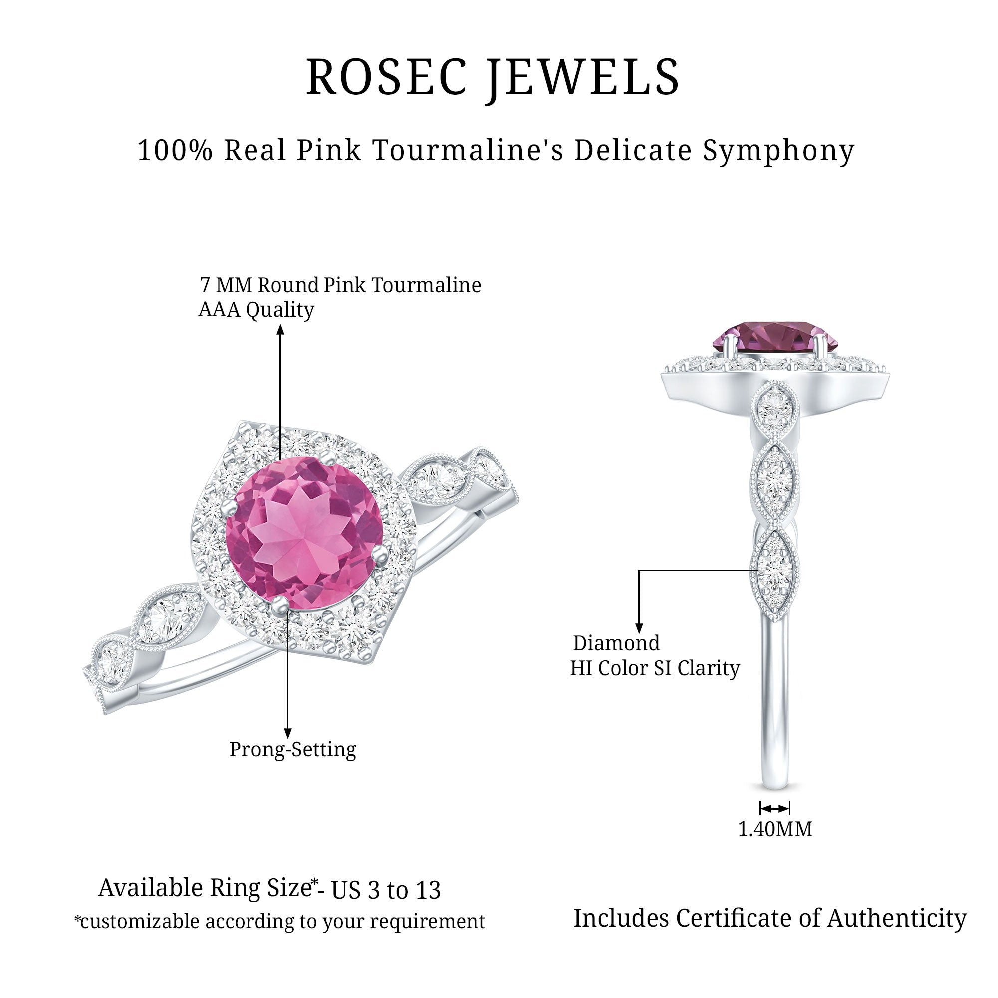Genuine Pink Tourmaline Vintage Engagement Ring with Diamond AAA - Rosec Jewels