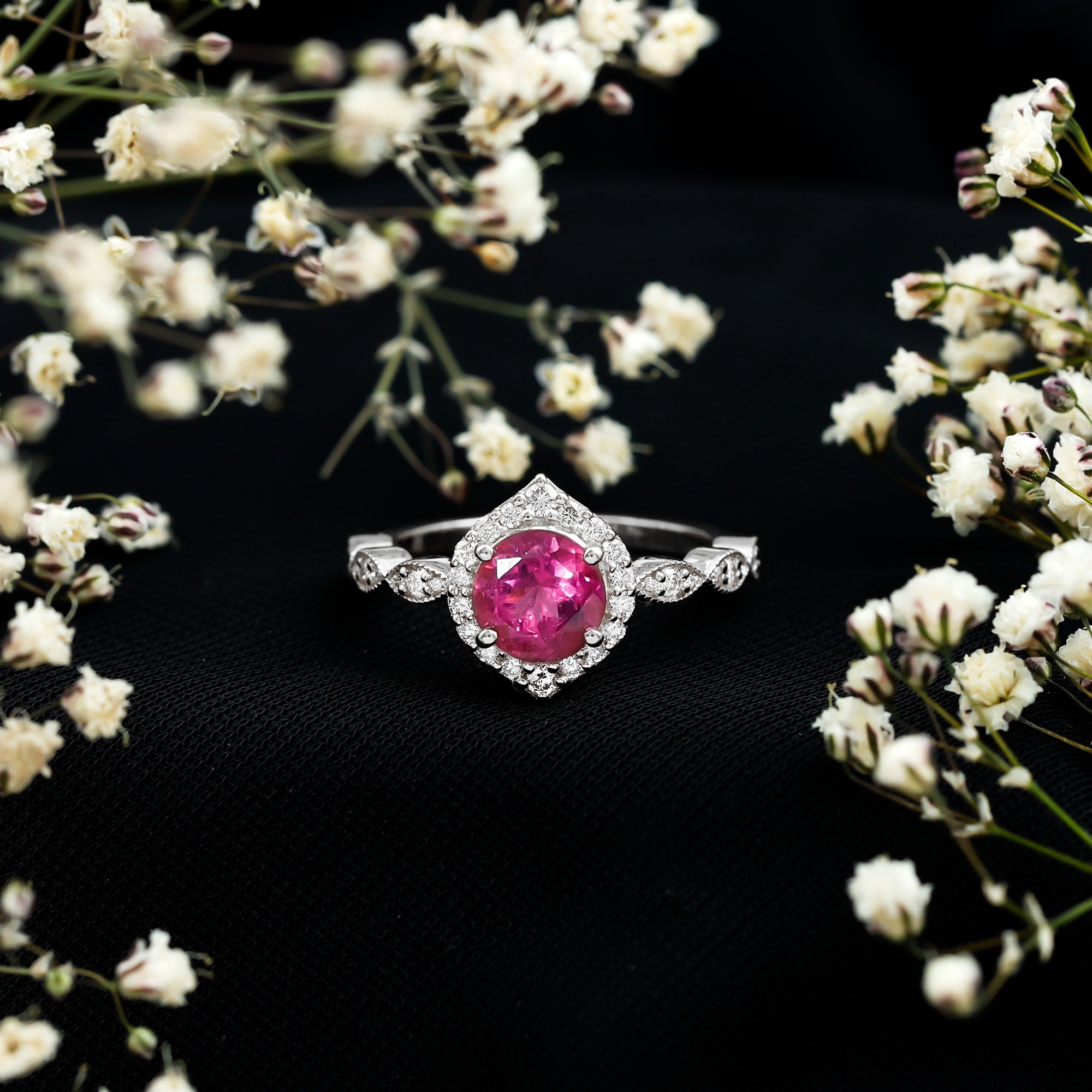 Genuine Pink Tourmaline Vintage Engagement Ring with Diamond AAA - Rosec Jewels