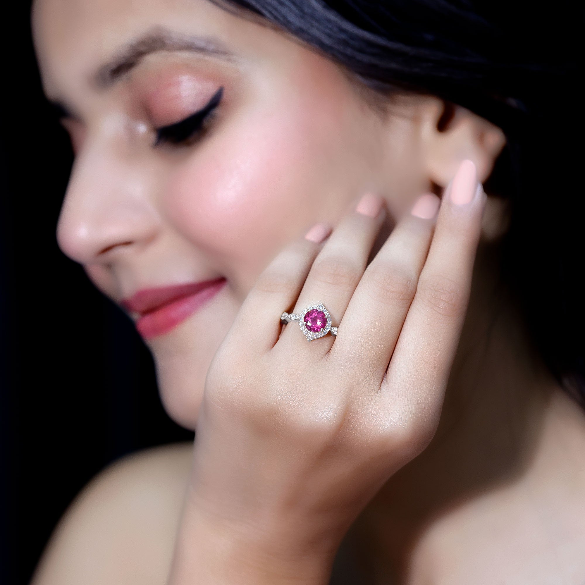Genuine Pink Tourmaline Vintage Engagement Ring with Diamond AAA - Rosec Jewels