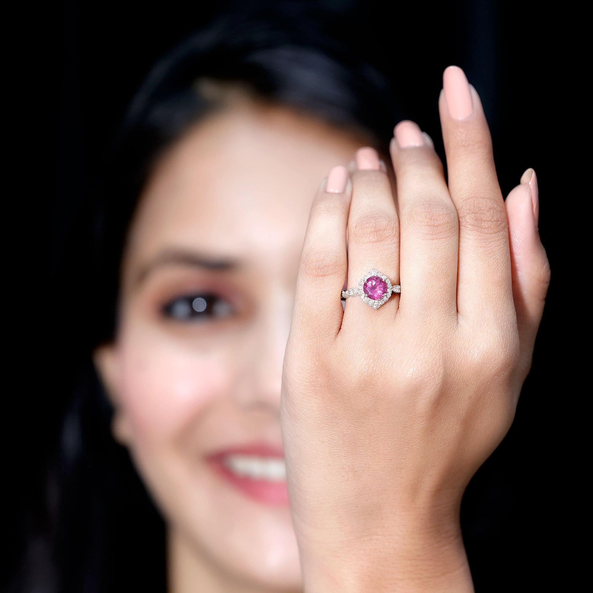 Genuine Pink Tourmaline Vintage Engagement Ring with Diamond AAA - Rosec Jewels