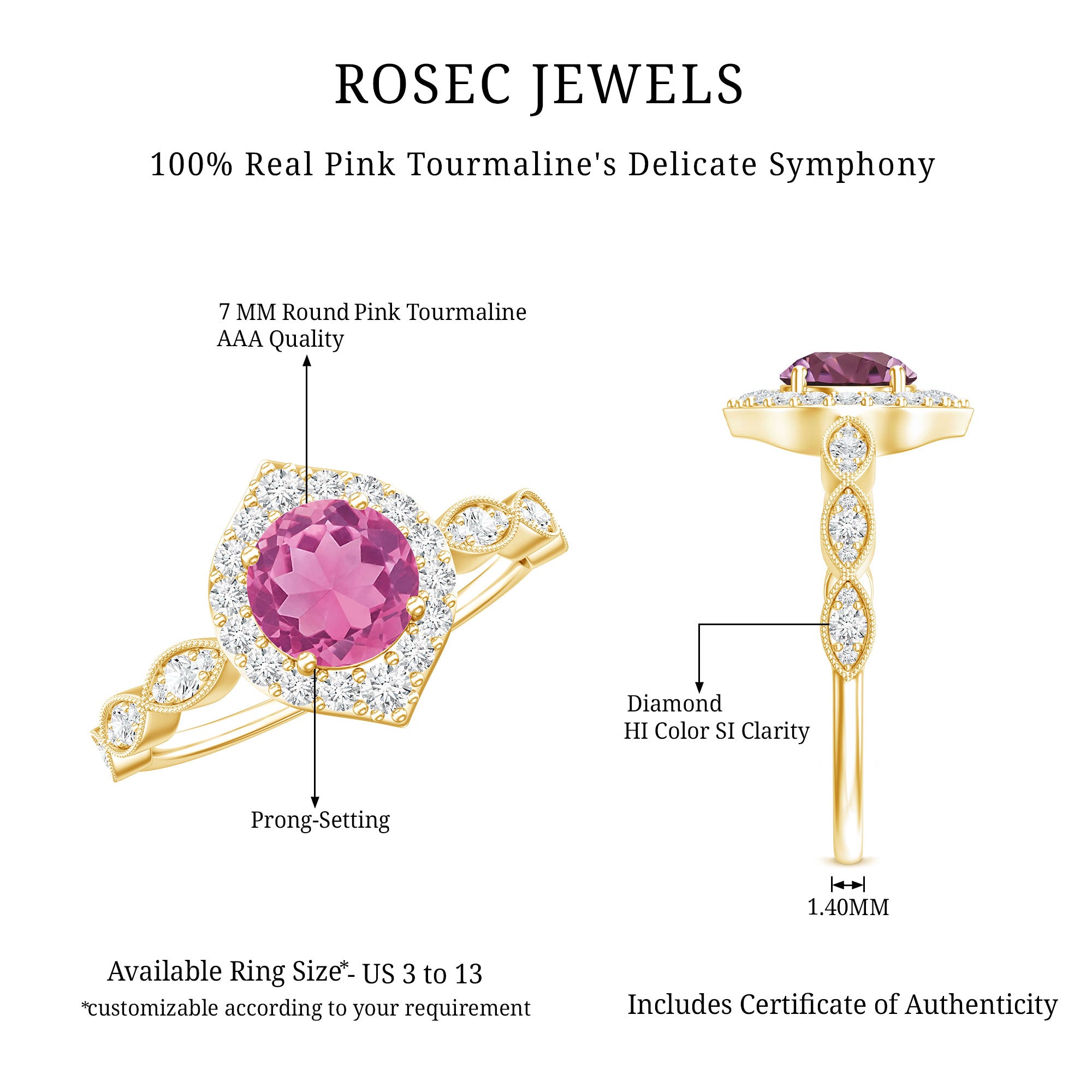 Genuine Pink Tourmaline Vintage Engagement Ring with Diamond AAA - Rosec Jewels