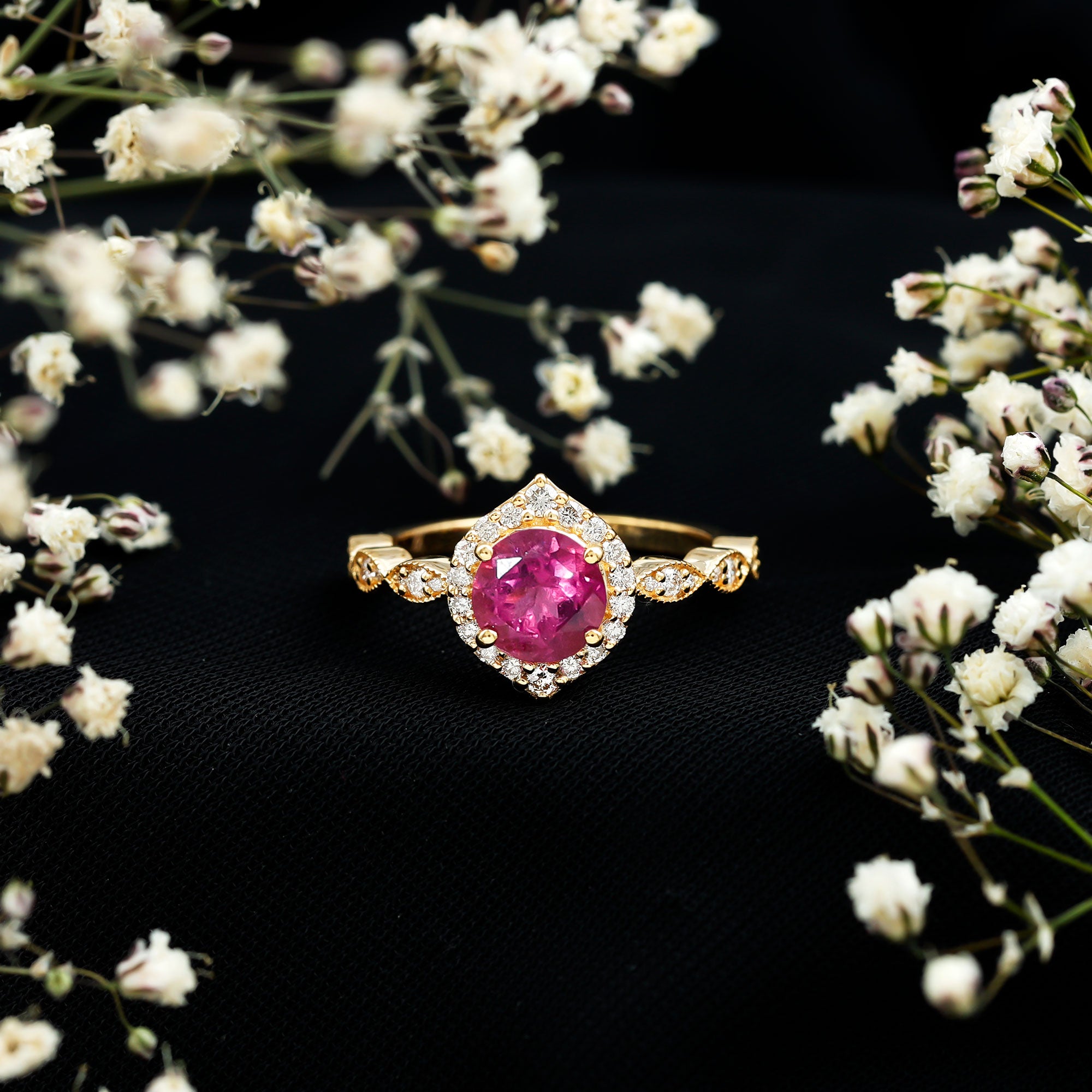 Genuine Pink Tourmaline Vintage Engagement Ring with Diamond AAA - Rosec Jewels