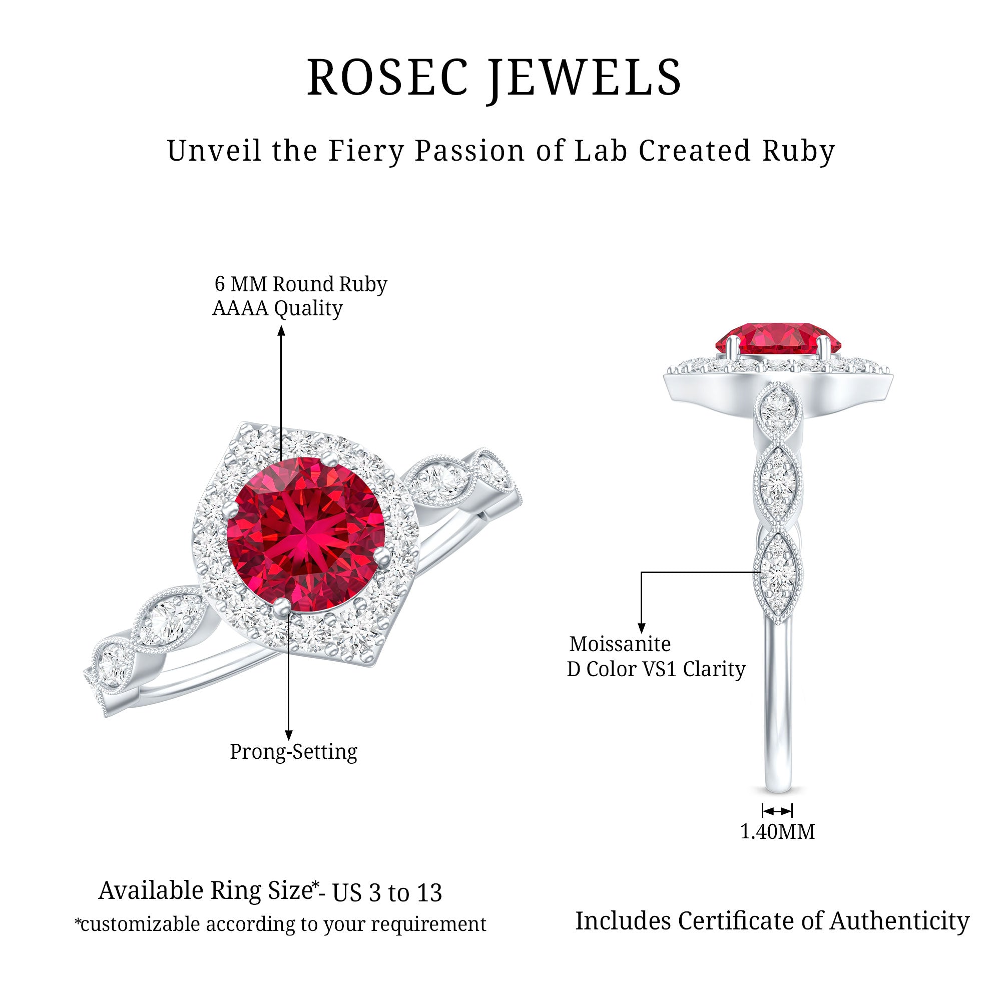 Vintage Style 1.3 Carat Lab Grown Ruby Engagement Ring with Diamond AAAA - Rosec Jewels