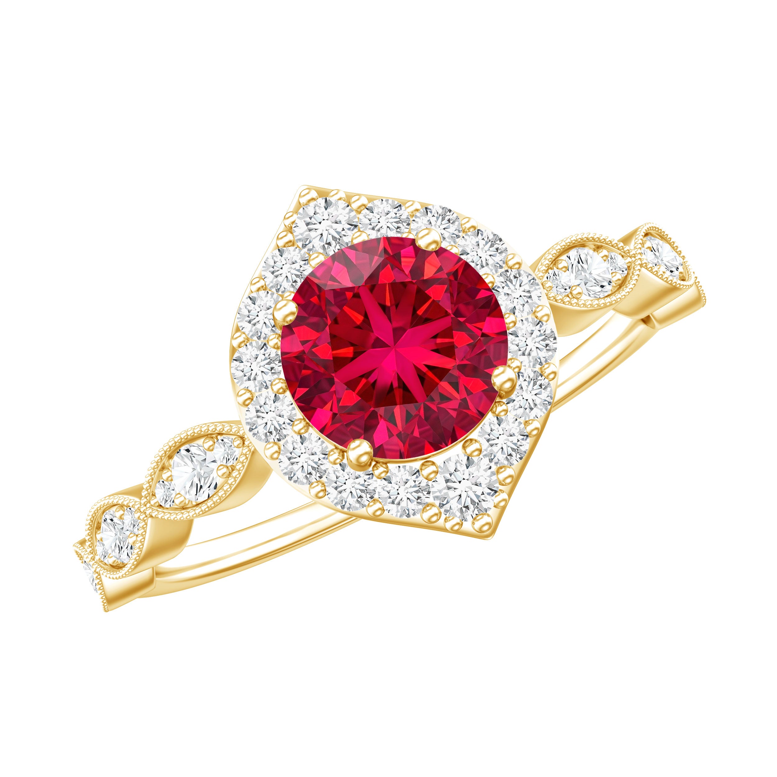 Rosec Jewels-Vintage Style 1.3 Carat Lab Grown Ruby Engagement Ring with Diamond