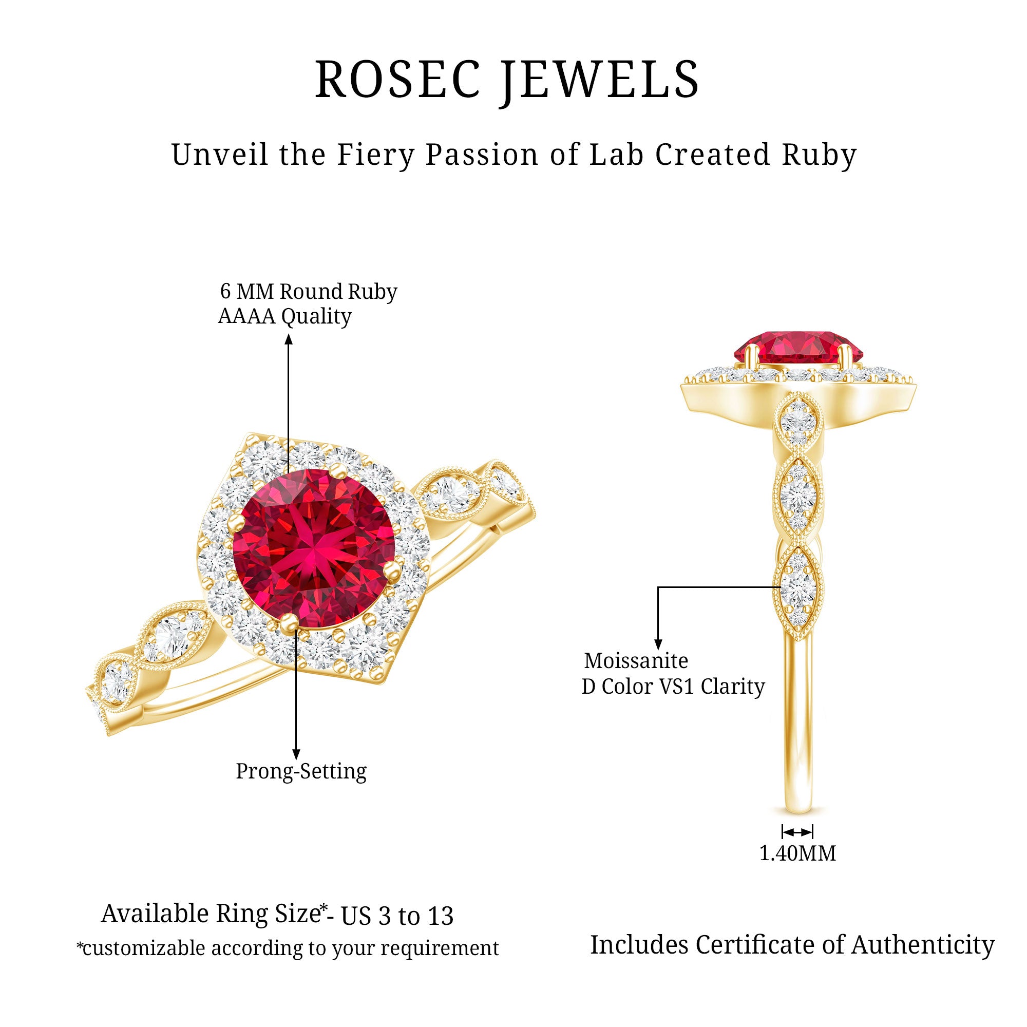Vintage Style 1.3 Carat Lab Grown Ruby Engagement Ring with Diamond AAAA - Rosec Jewels