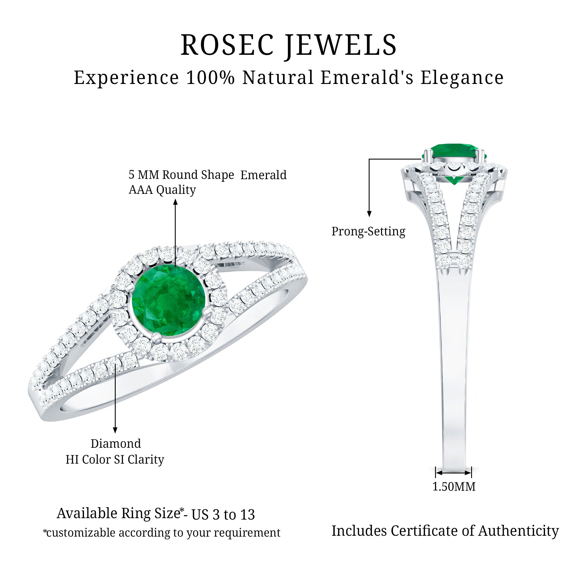 Classic Emerald Split Shank Engagement Ring with Diamond Halo AAA - Rosec Jewels