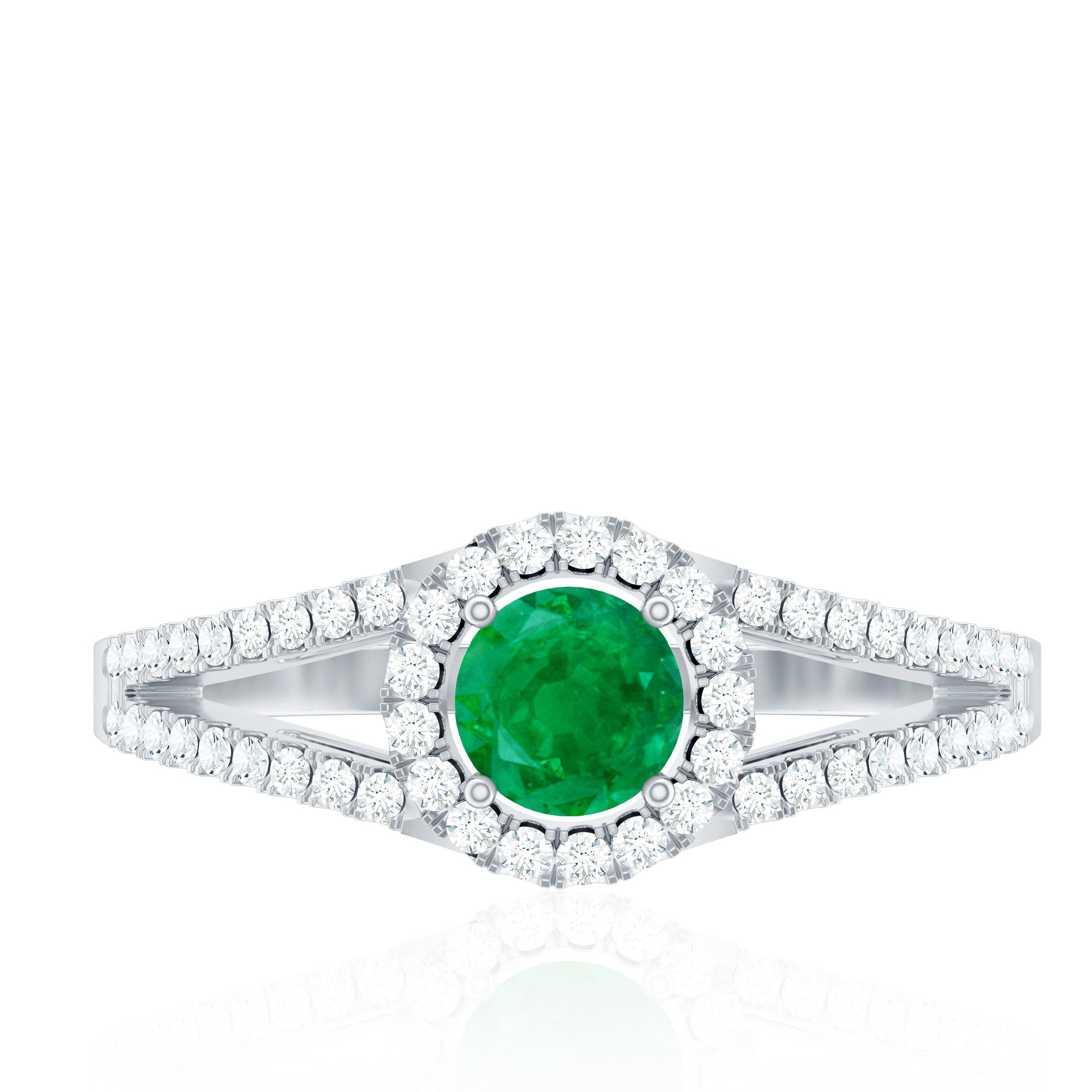 Classic Emerald Split Shank Engagement Ring with Diamond Halo AAA - Rosec Jewels