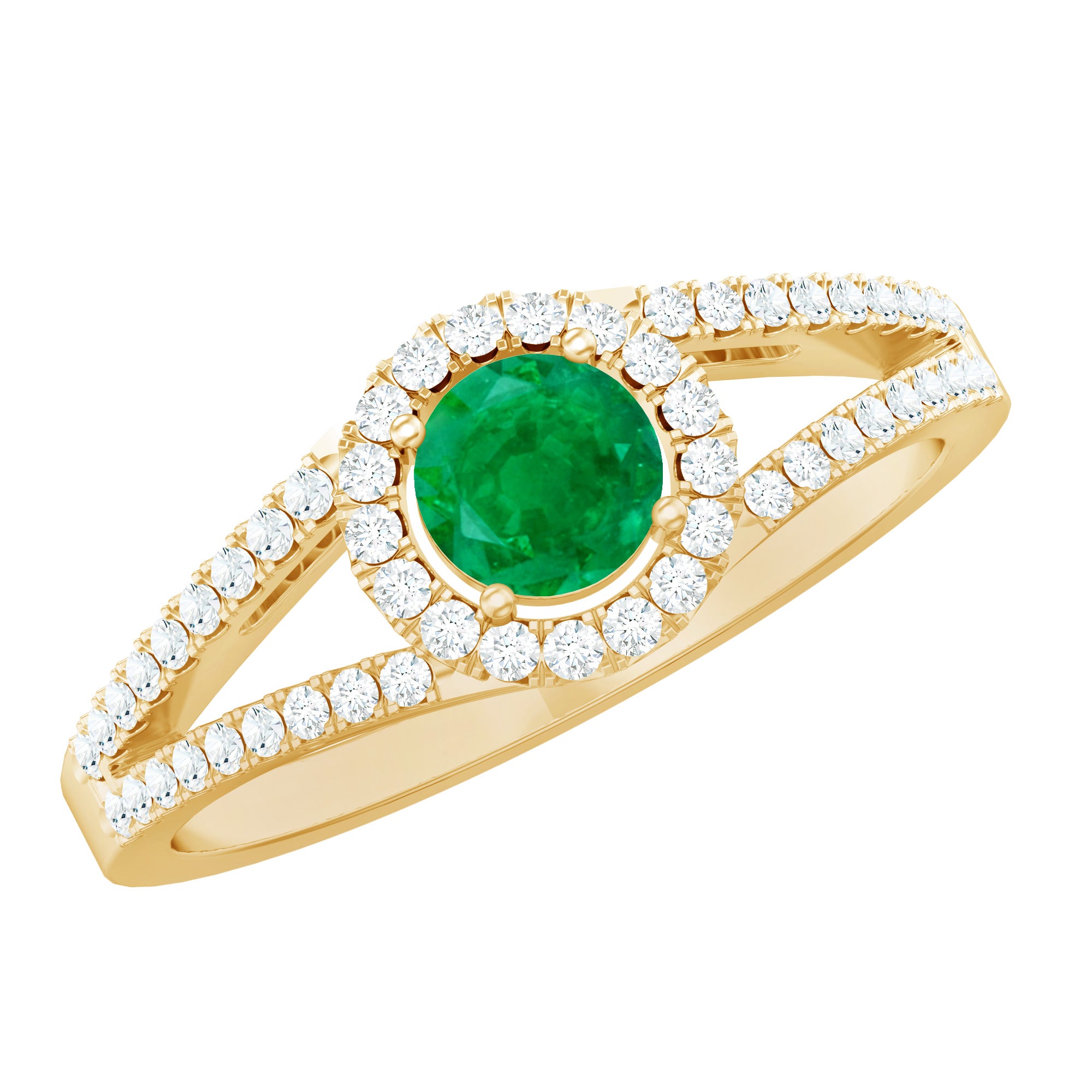 Classic Emerald Split Shank Engagement Ring with Diamond Halo AAA - Rosec Jewels