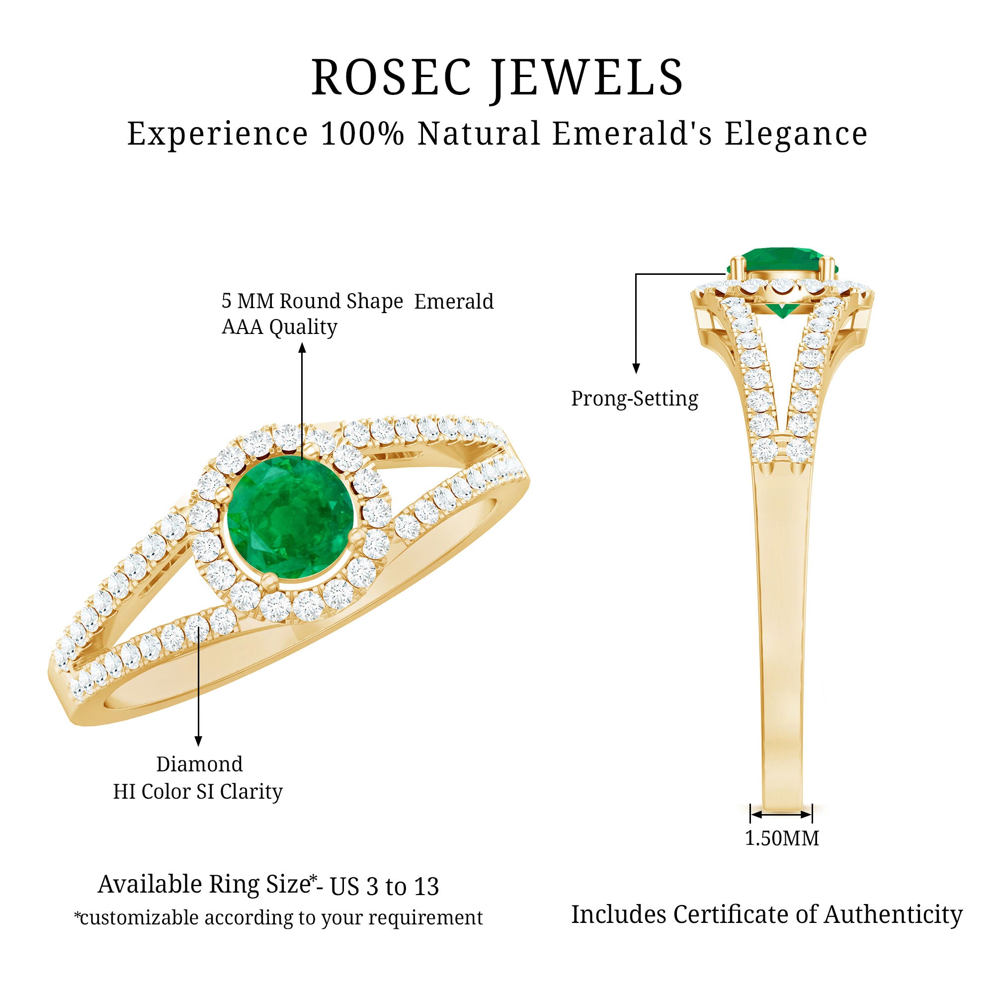 Classic Emerald Split Shank Engagement Ring with Diamond Halo AAA - Rosec Jewels